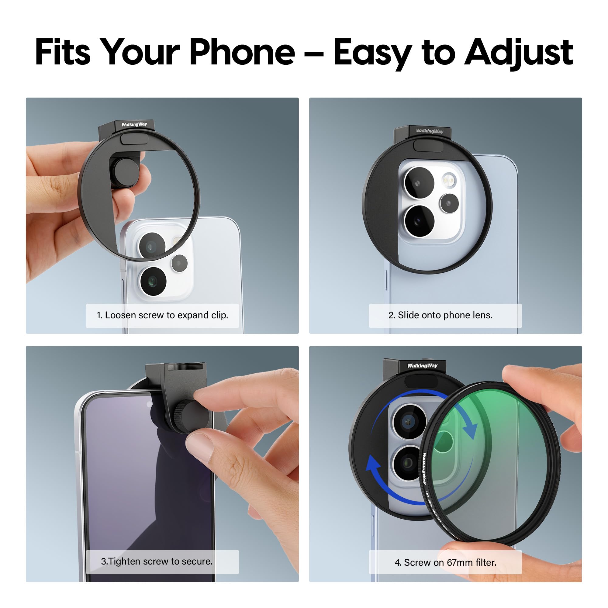 Walking Way Kit Filtro per Telefono 67mm – Clip Obiettivo Universale + Filtro Variabile ND2-32, Riduzione della Luce di 1-5 Stop con Slitta Fredda per Smartphone