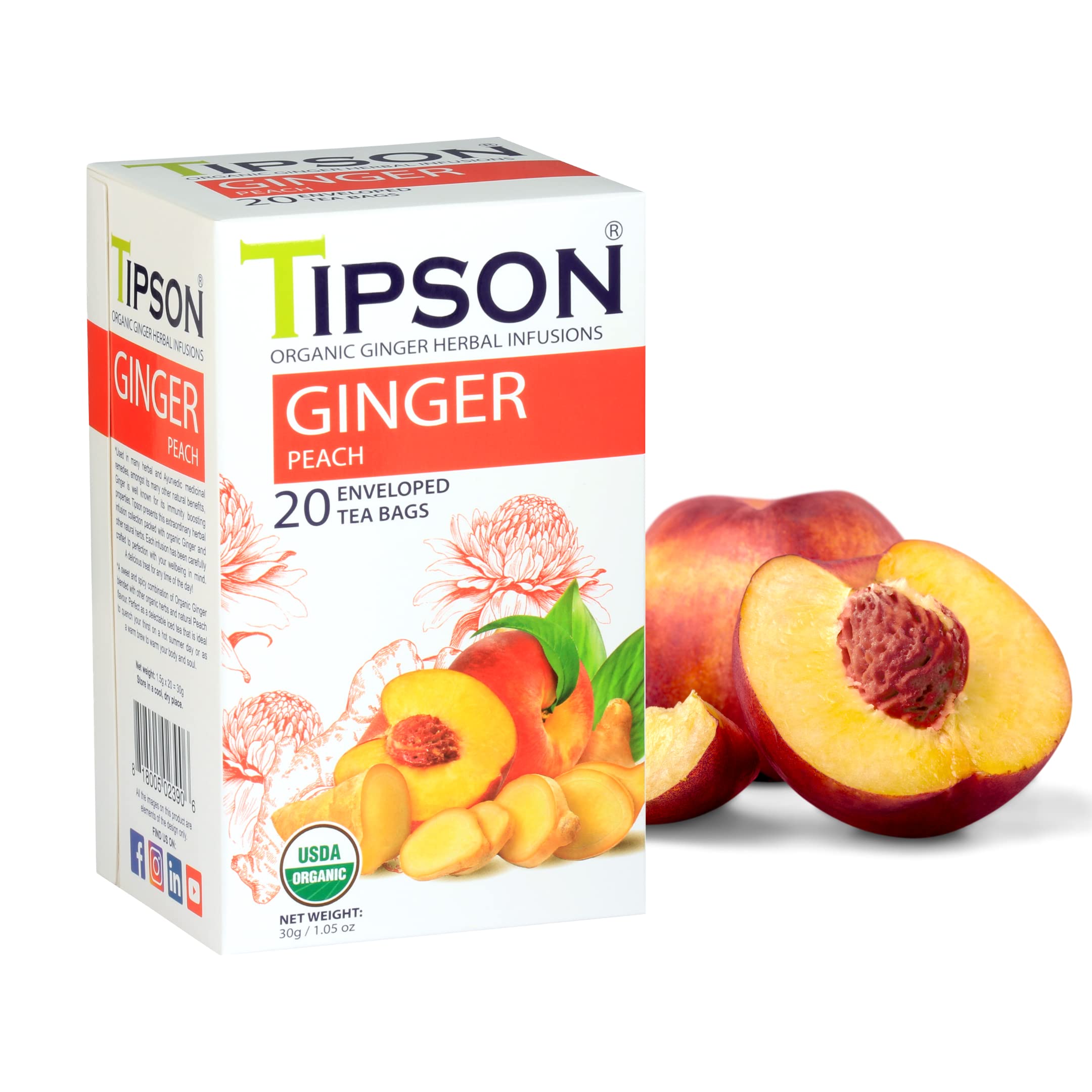 Tipson Ginger-Peach Flavor | Caffeine Free | All Natural Ingredients | USDA Organic | 20 Enveloped Tea Bags