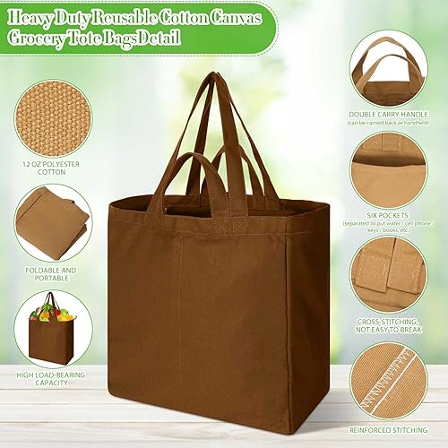 Miniatura 3 de Juego de 9 bolsas de lona para comestibles XL con bolsillos reales, correa larga para el hombro y asas cortas, bolsas de lona reutilizables a