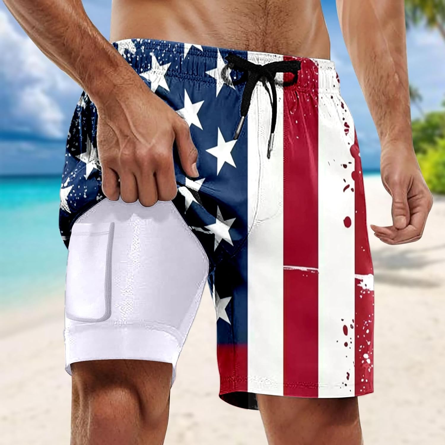 Men's American-Usa-Flag Swim Trunks Quick Dry Bathing Suit