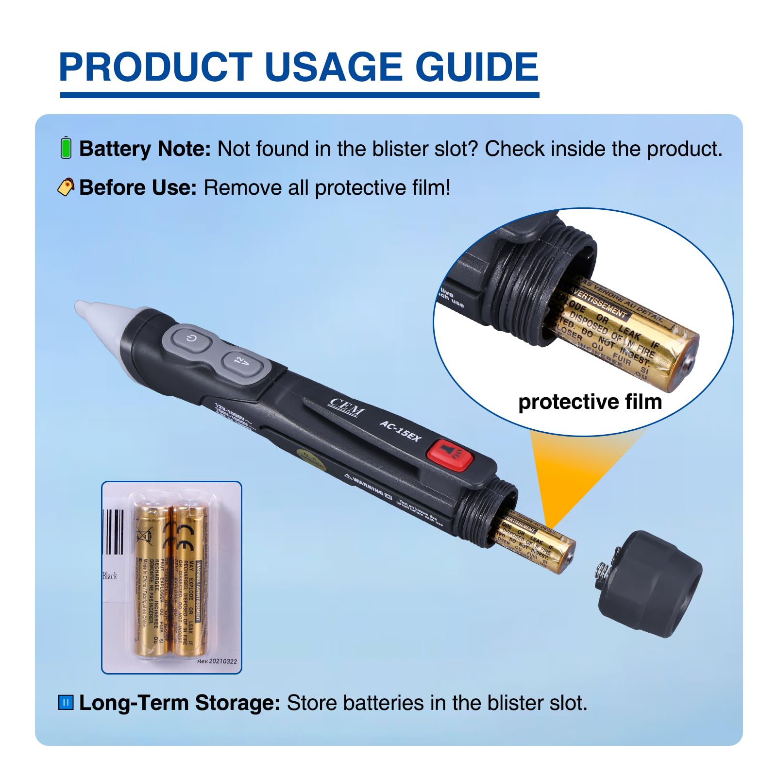 CEM AC-15EX Voltage Tester,Non-Contact Volt Tester, with Dual Range AC 12V-1000V/100V-1000V, Live/Null Wire Tester, Buzzer Alarm, Wire Breakpoint Finder, Flashlight, Ex ib IIB T4 (ATEX) — Amazon image 4