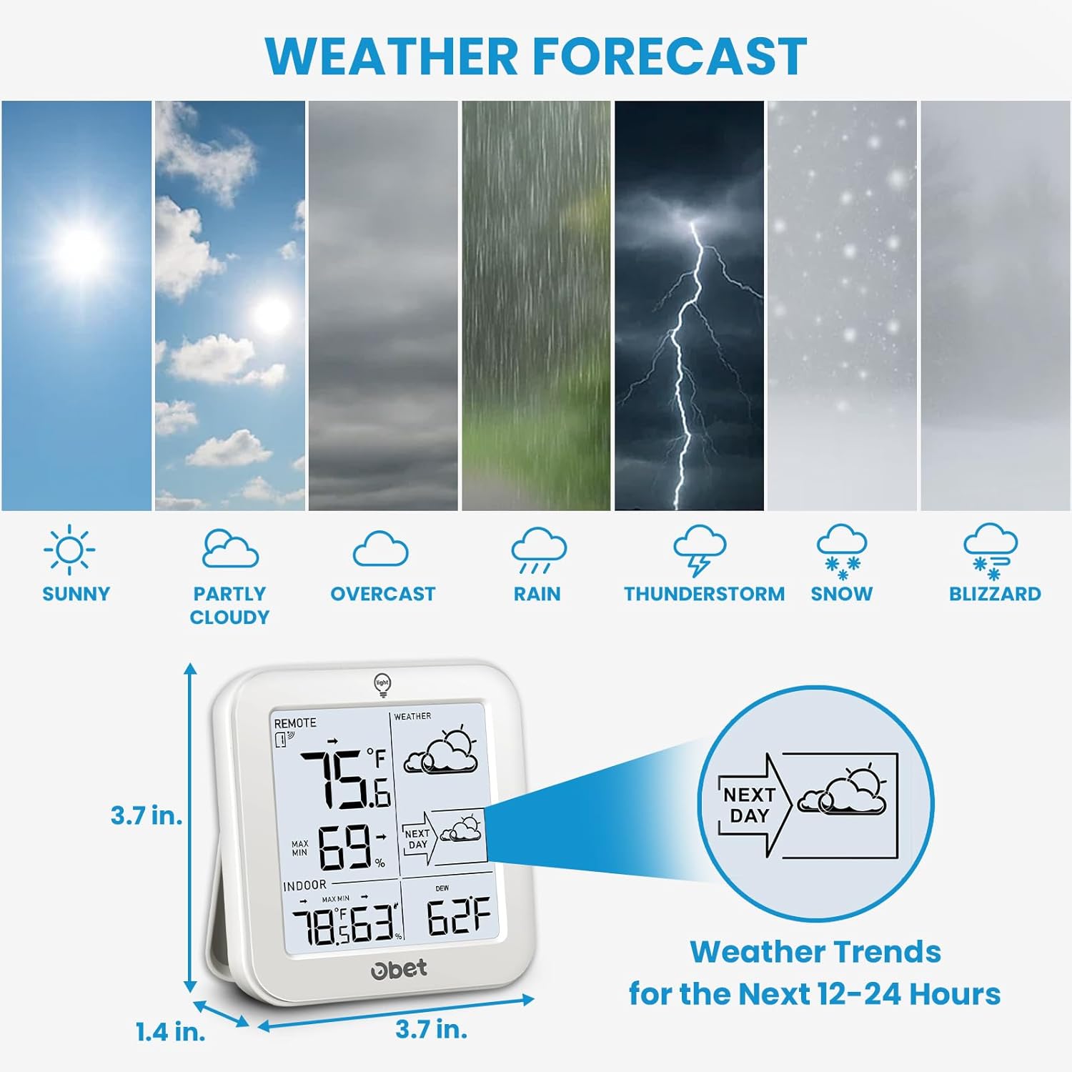 Indoor Outdoor Thermometer Wireless Weather Station, Battery Powered Inside Outside Thermometers Hygrometer Monitor with Backlight, Max/Min Record, Dew Point, Heat Index, Pressure (500 Feet) - Image 3