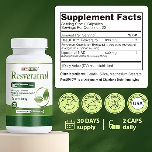 Miniatura 7 de Suplemento liposomal NAD+ de 500 mg, complejo resUP10 de resveratrol de 800 mg, ayuda a la salud del envejecimiento y la energía celular,