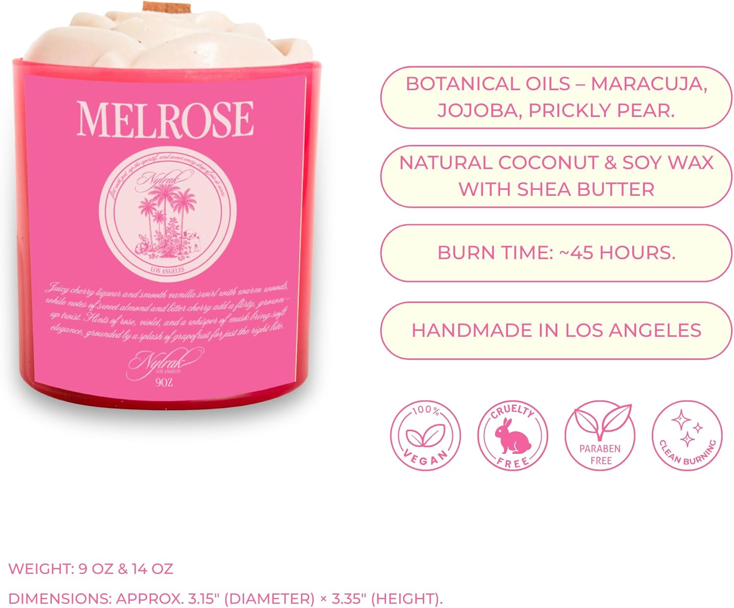 Body Oil Massage Candle | Melts into Skin Softening Warm Massage Oil - Natural Wood Wick - Soy & Coconut Wax – Cherry & Vanilla with Rose Scents - Self Care Gift (Melrose 9oz) - Image 2