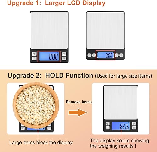 Miniatura 10 de BOMATA Escala digital pequeña mejorada de 0.00 oz2.2 lbs, recargable por USB, con pantalla y retención más grandes, función de tara, 9 unidades,