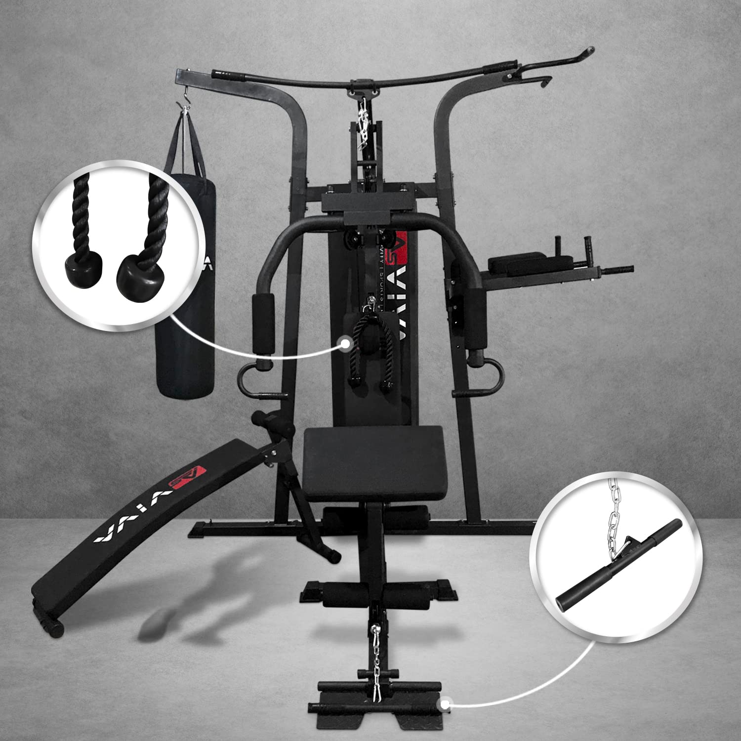 Kraftstation AsVIVA MG6 Pro 50in1 90kg Box- Kampfsport Multi-Gym inkl. Dip-Station, Bauchtrainer und Boxsack mit Boxhandschuhe
