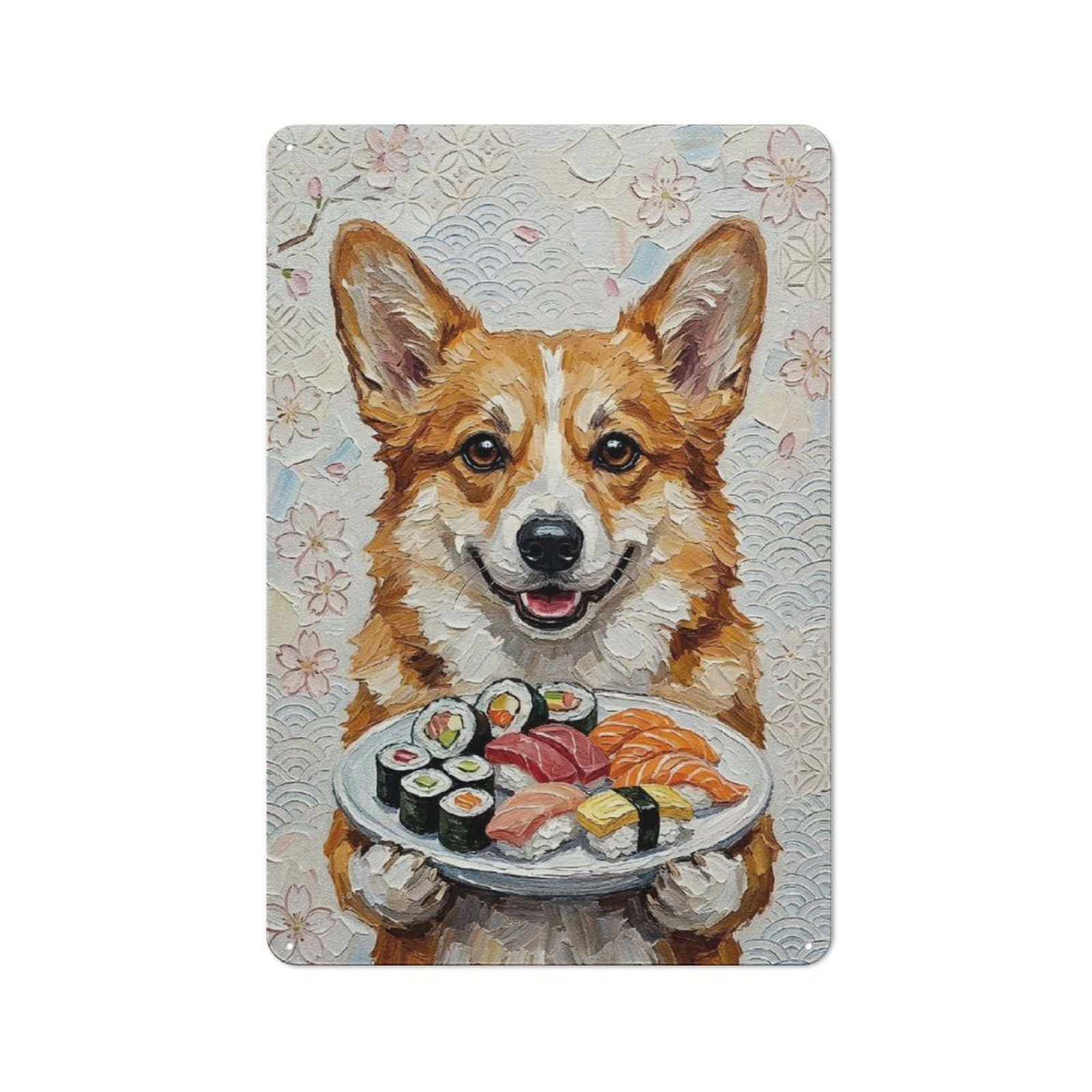 Junmoney Style-19 Corgi With Sushi Painting Retro Metal Sign 30X20cm For Garage Or Workshop, With Clear Retro Wall Decor Character