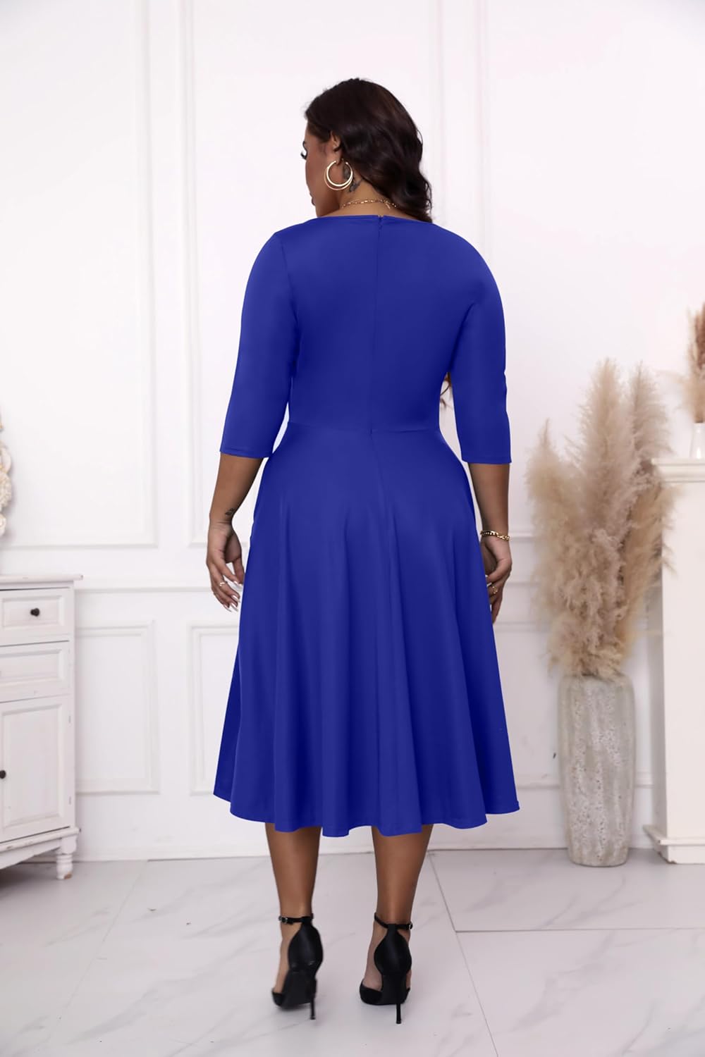 Runwind Plus Size Dresses Women Fit and Flare A-Line Swing Dress 3/4 Sleeve Midi Church Wedding Guest Cocktail Party Dresses - Image 5