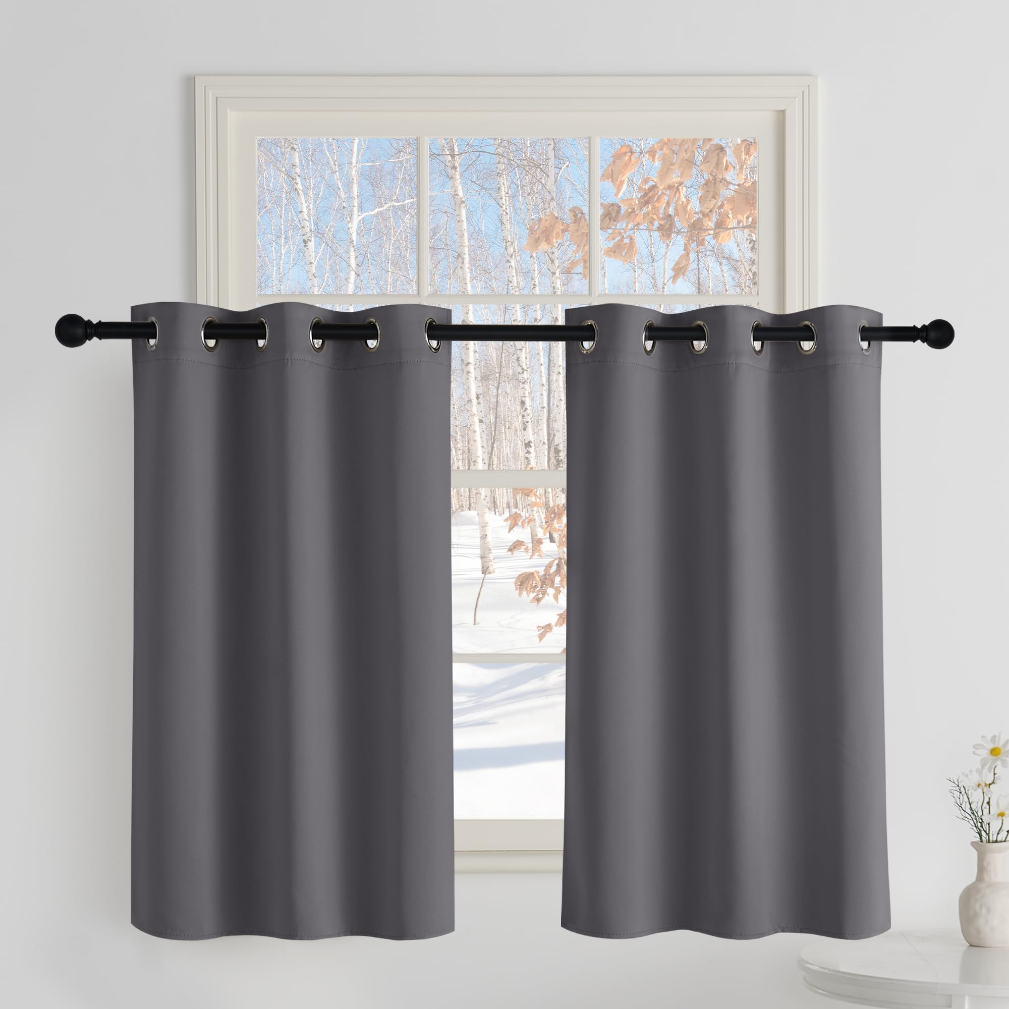 PONY DANCE Verdunklungsvorhänge Kurz H100 x B90 cm Gardinen Wohnzimmer | 2er Set, Grau, Thermovorhang Kälteschutz, Blickdicht, Scheibengardinen mit Ösen, für Kleine Fenster, Blackout Curtains