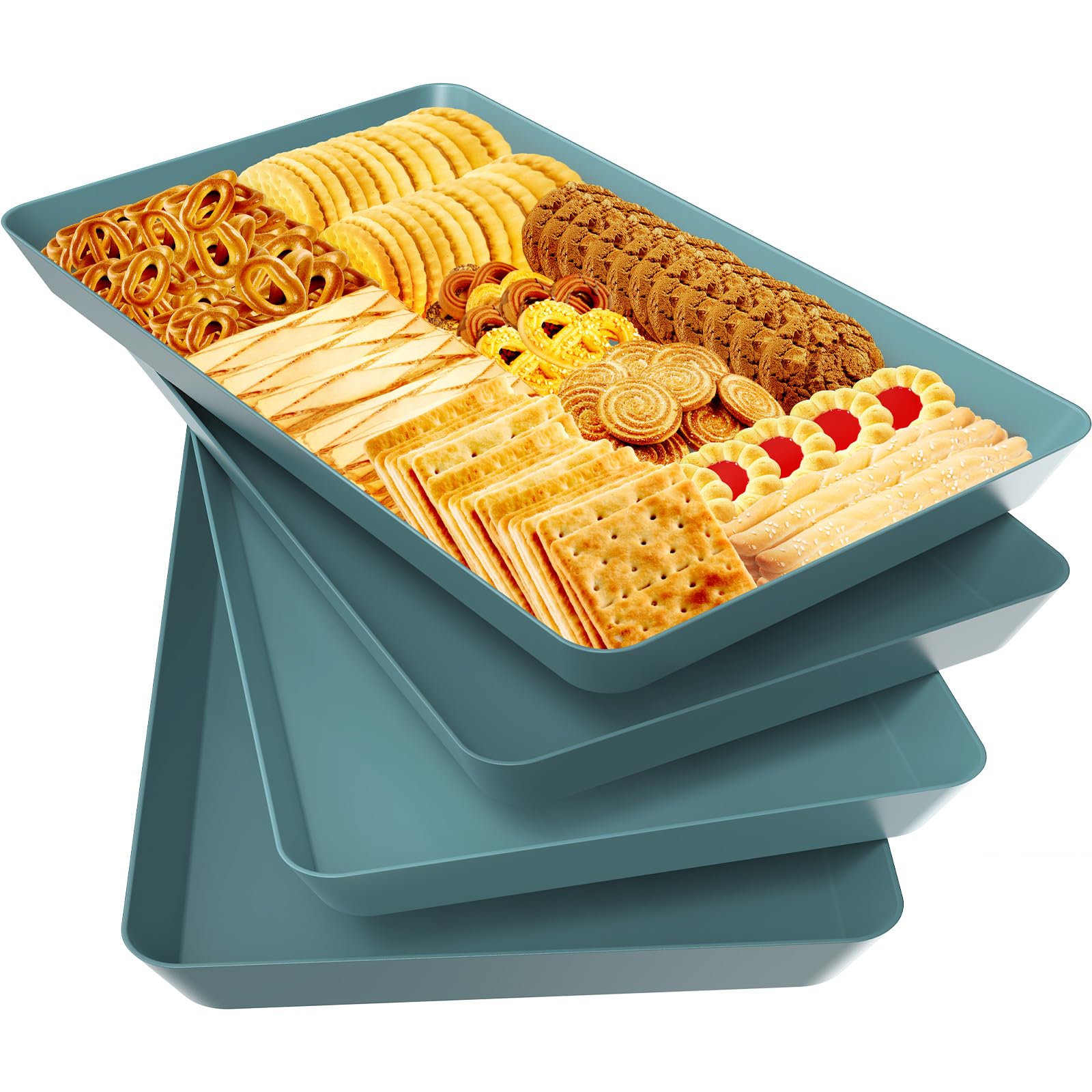 WOWBOX 4 pcs Serving Tray for Entertaining, Serving Platters for Snacks, Fruit, Cookies, Dessert, Reusable Plastic Trays for Serving Food and Pantry Organization in Kitchen & for Parties, (Green)