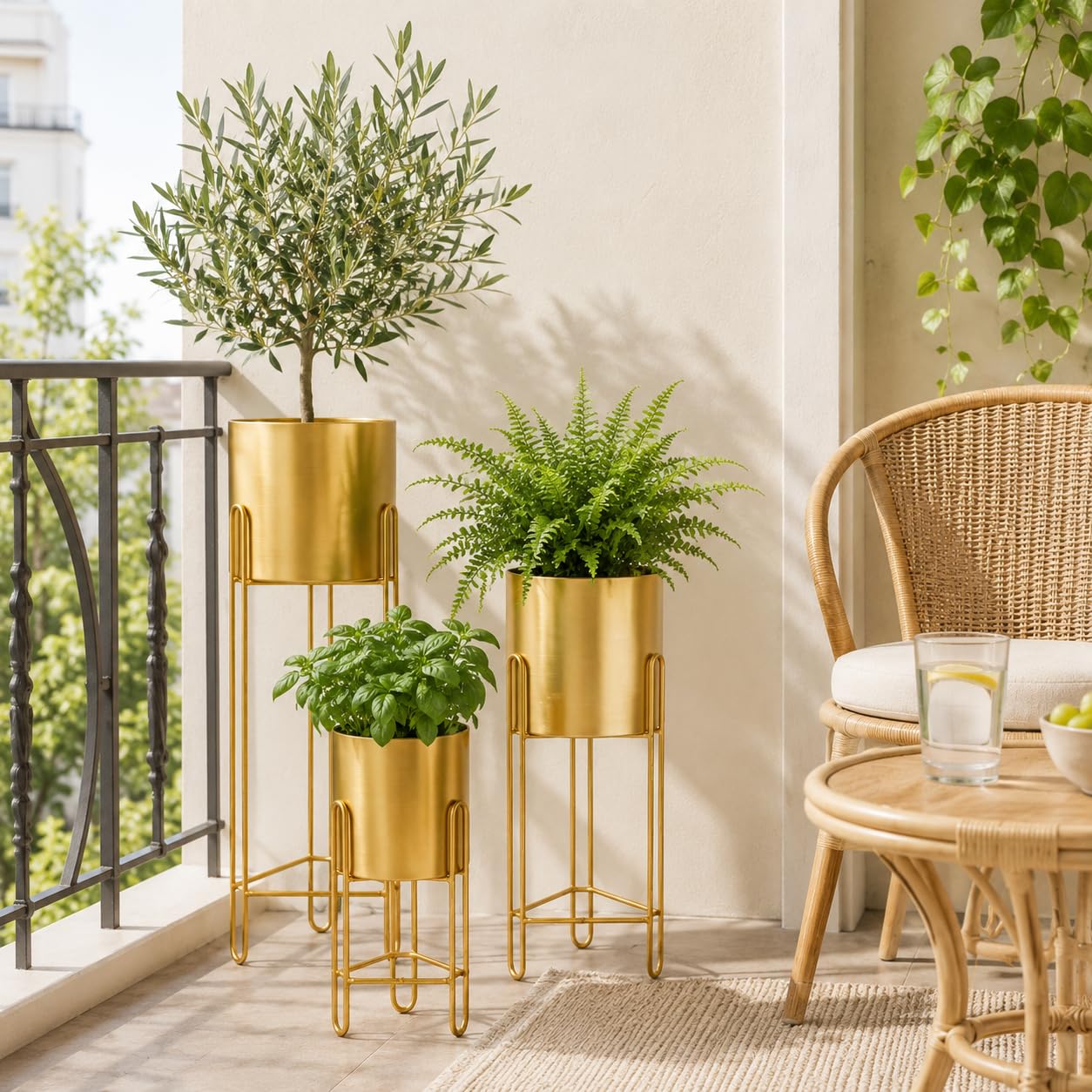 TRIROCKS Set di 3 Vasi Moderni con Supporto, Fioriere per Piante da Interno/Esterno per Soggiorno, Cucina, Giardino, Balcone (Oro)