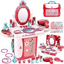 E-ROYAL SHOP® 3 in 1 Beauty Set for Kids Girls Learning Educational Make Up Suitcase Kit with Makeup Accessories Pretend Play Set Portable Suitcase Toy Gift for Girls (Pink)