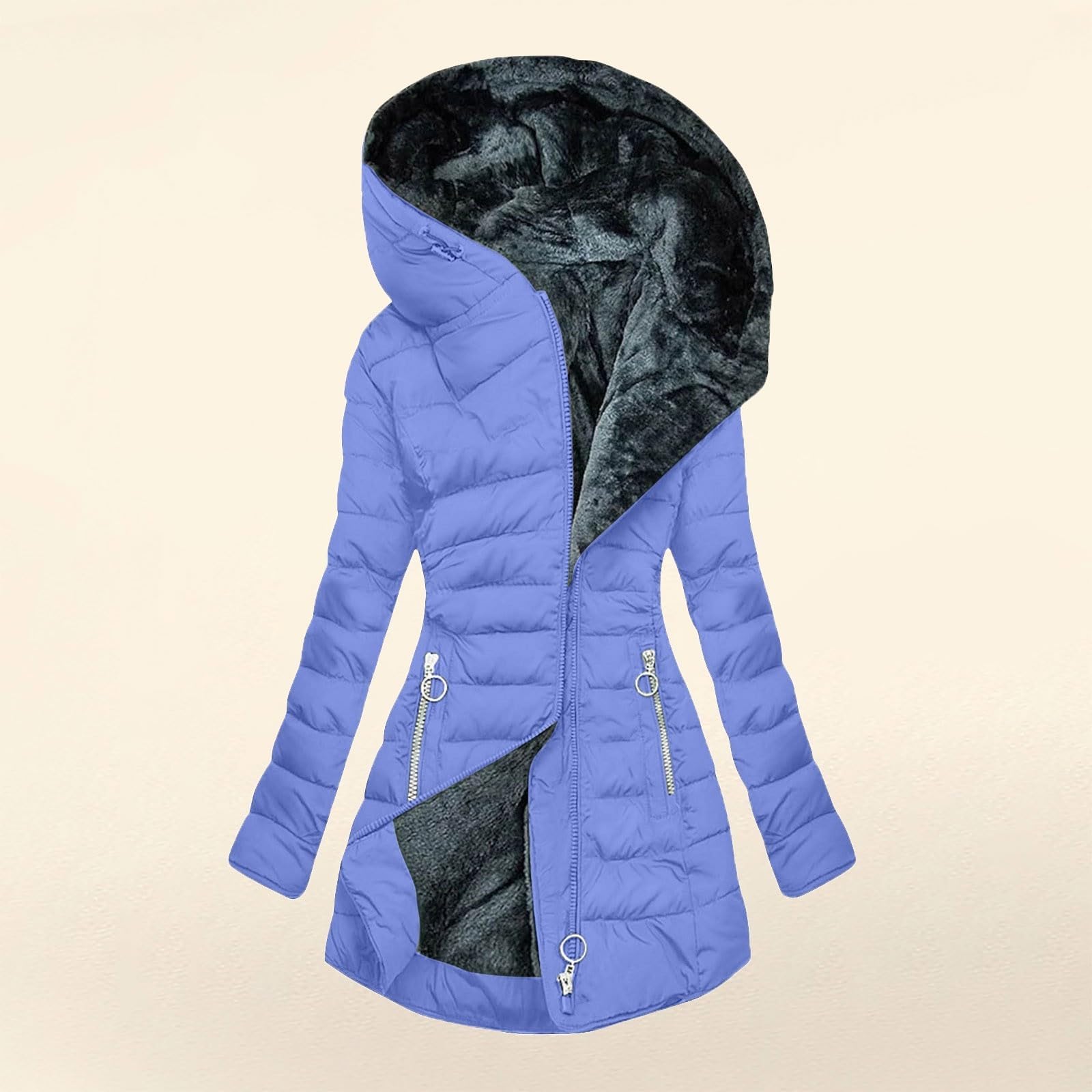 Générique Manteau Femme Hiver Mi-Long avec Capuche, Veste Zippée Biais à Taille Ajustable, Plusieurs Couleurs Disponibles