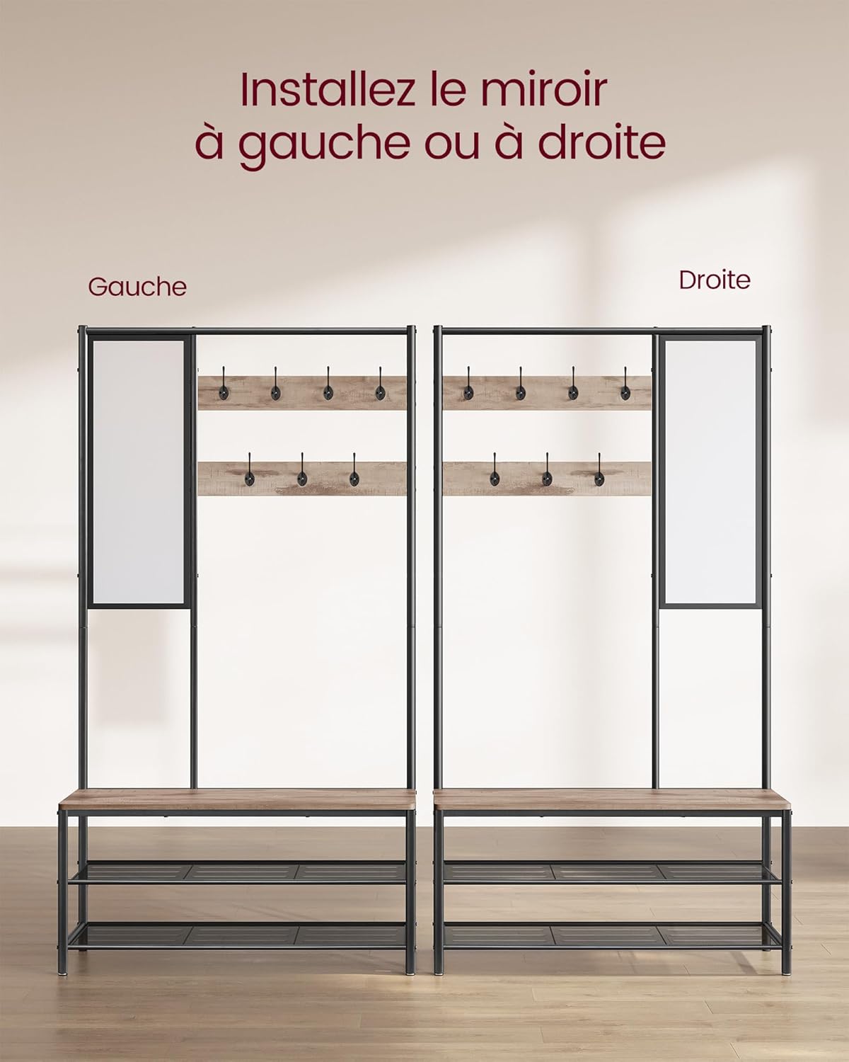 Diagram showing options for installing the mirror on either the left or right side of the coat rack