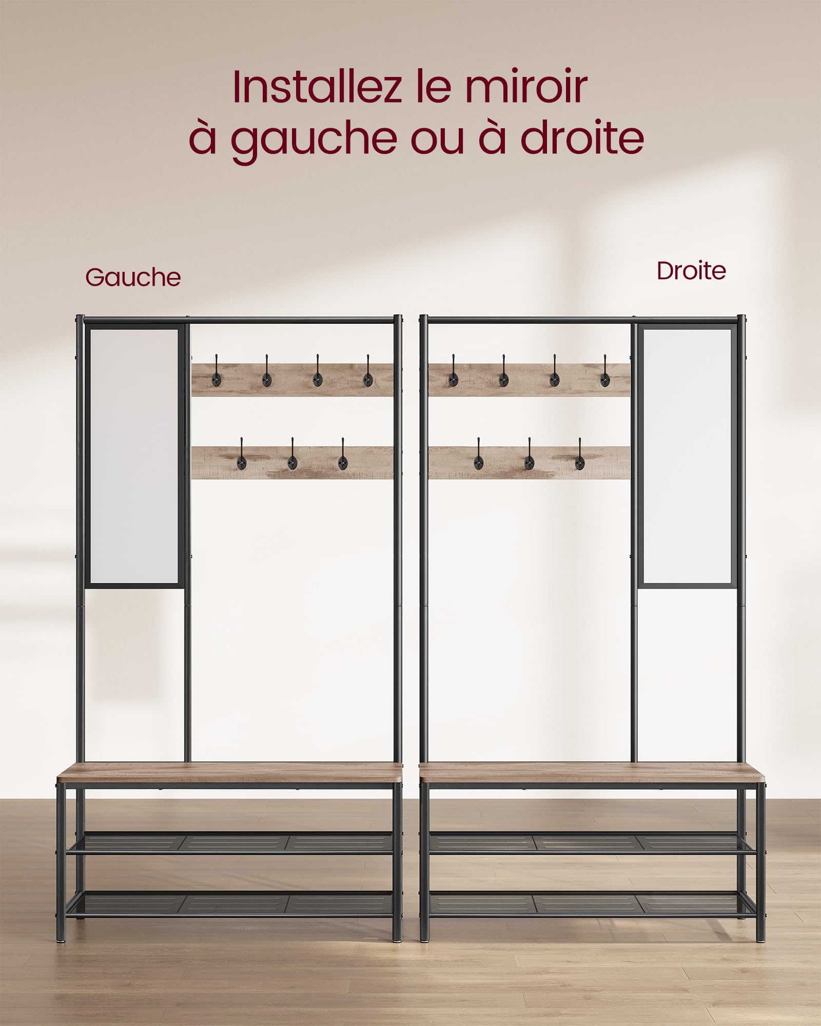 VASAGLE Porte-vêtements Porte-vêtements avec Crochets Miroir Banc 35 x 98 x 180 cm pour Entrée Chambre Salon Style Industriel Camel Marron Encre Noir HSR415K01