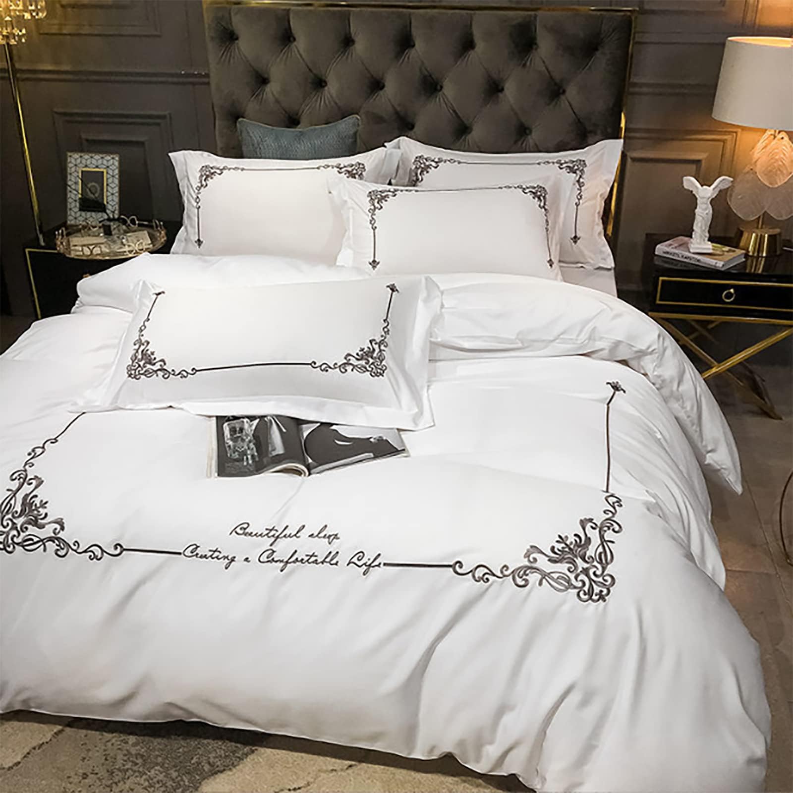 Deluxe Embroidered Ice Silk Quilt Cover soft satin Breathable Exquisite appearance Quilt with decorative pillows fade resistant super soft (pure white superking)