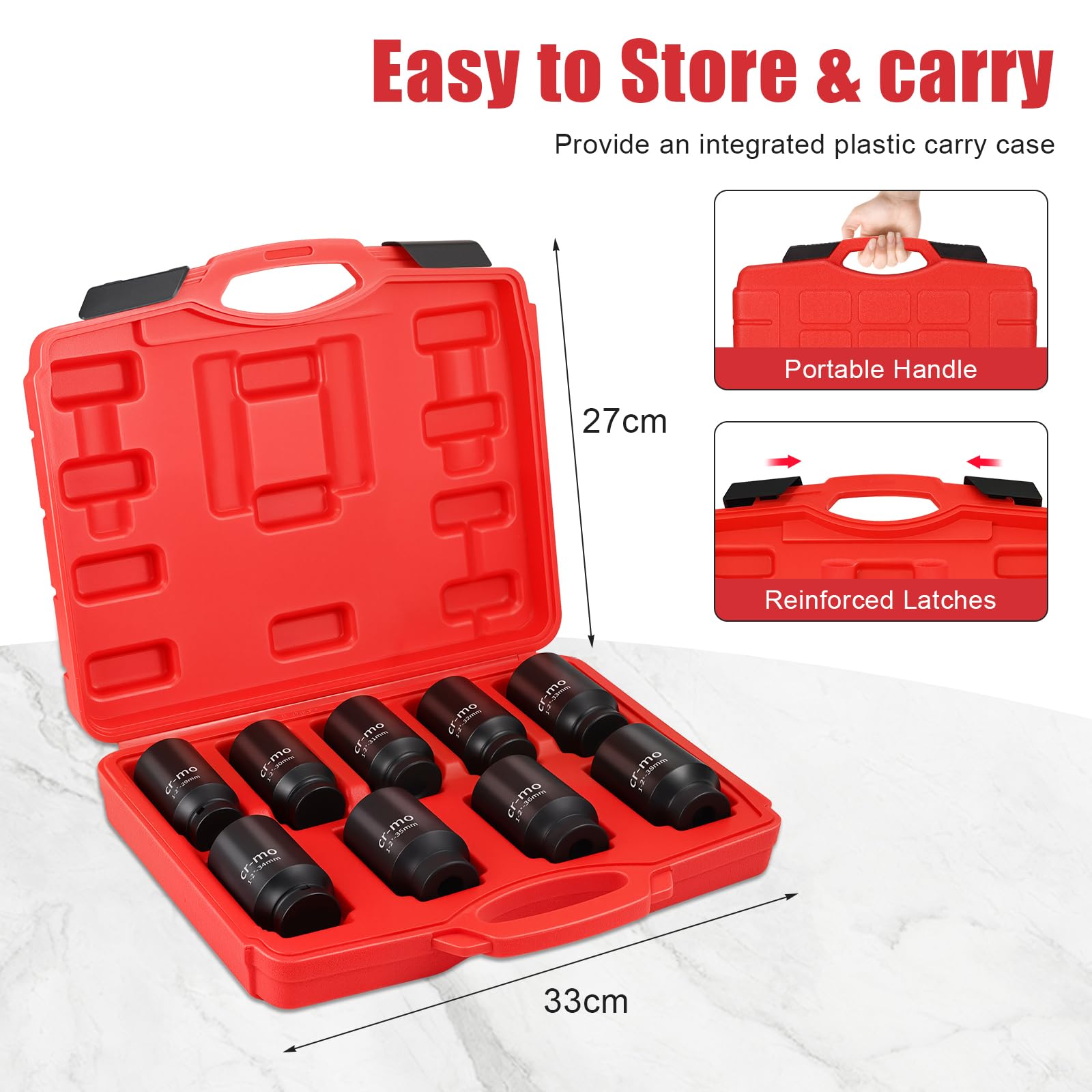 Lot de 9 douilles pour écrous de roue 1/2" - 29 mm, 30 mm, 31 mm, 32 mm, 33 mm, 34 mm, 35 mm, 36 mm, 38 mm