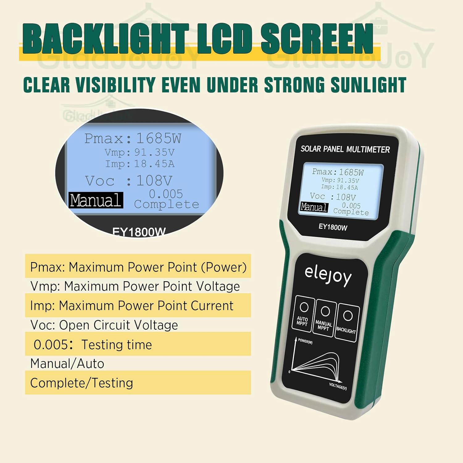 Upgrade 1800W Solar Panel Tester MPPT Photovoltaic Panel Multimeter, Smart MPPT Tools for Testing Solar PV Panel Open Circuit Voltage & Troubleshooting, LCD & Multiple Safety Protections
