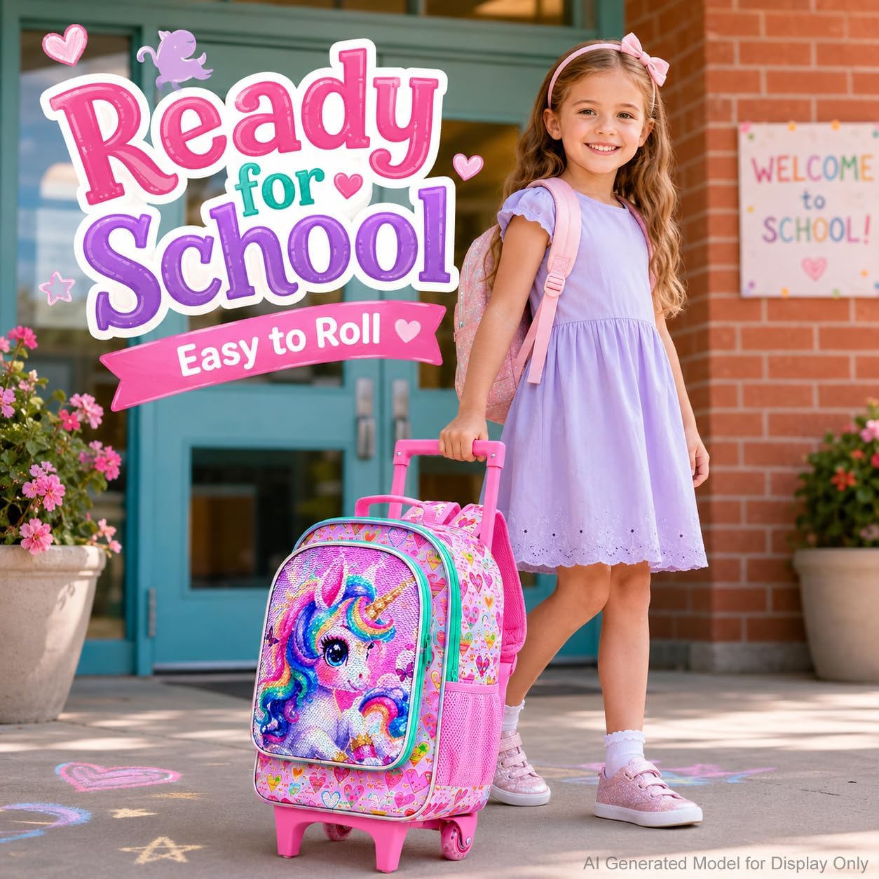 AGSDON 3PCS Rolling Backpack for Girls Boys, Kids Roller Wheels Bookbag, Wheeled School Bag with Lunch Bag