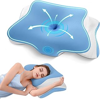 JINXIA Memory Foam Pillow, Ergonomic Orthopedic Neck Support Pillow for Shoulder Pain, Cervical Contour Pillow for Side,Back and Stomach Sleepers, Neck Pillow with Washable Ice Silk Pillowcase, Blue