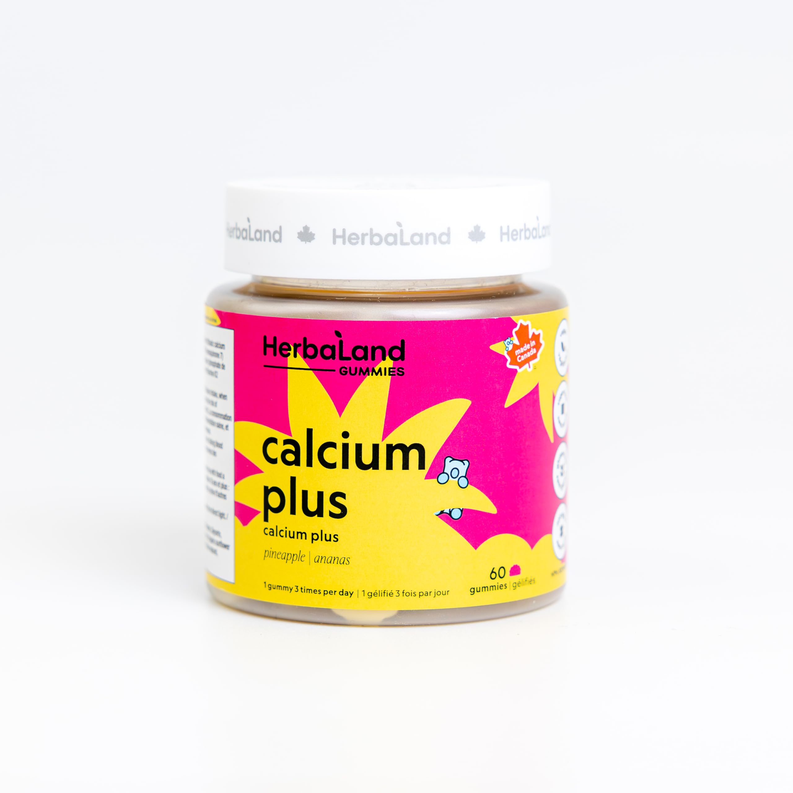 Herbaland Vegan Calcium, K2, and D3 Gummies for Adults - Sugar-Free Vitamin D Chews, Bone and Teeth Support, Phosphorus Supplement - 2.2 Grams, Strawberry, Banana, and Passion Fruit Flavor, 90 Count