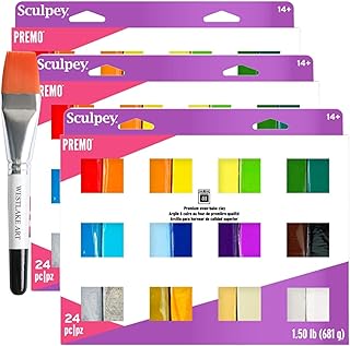 Sculpey Premo Polymer Clay, 1.7 Pounds, 24 Vibrant Colors Sampler | Bundled with Watercolor Paint Brush, Non-Toxic, Smooth...