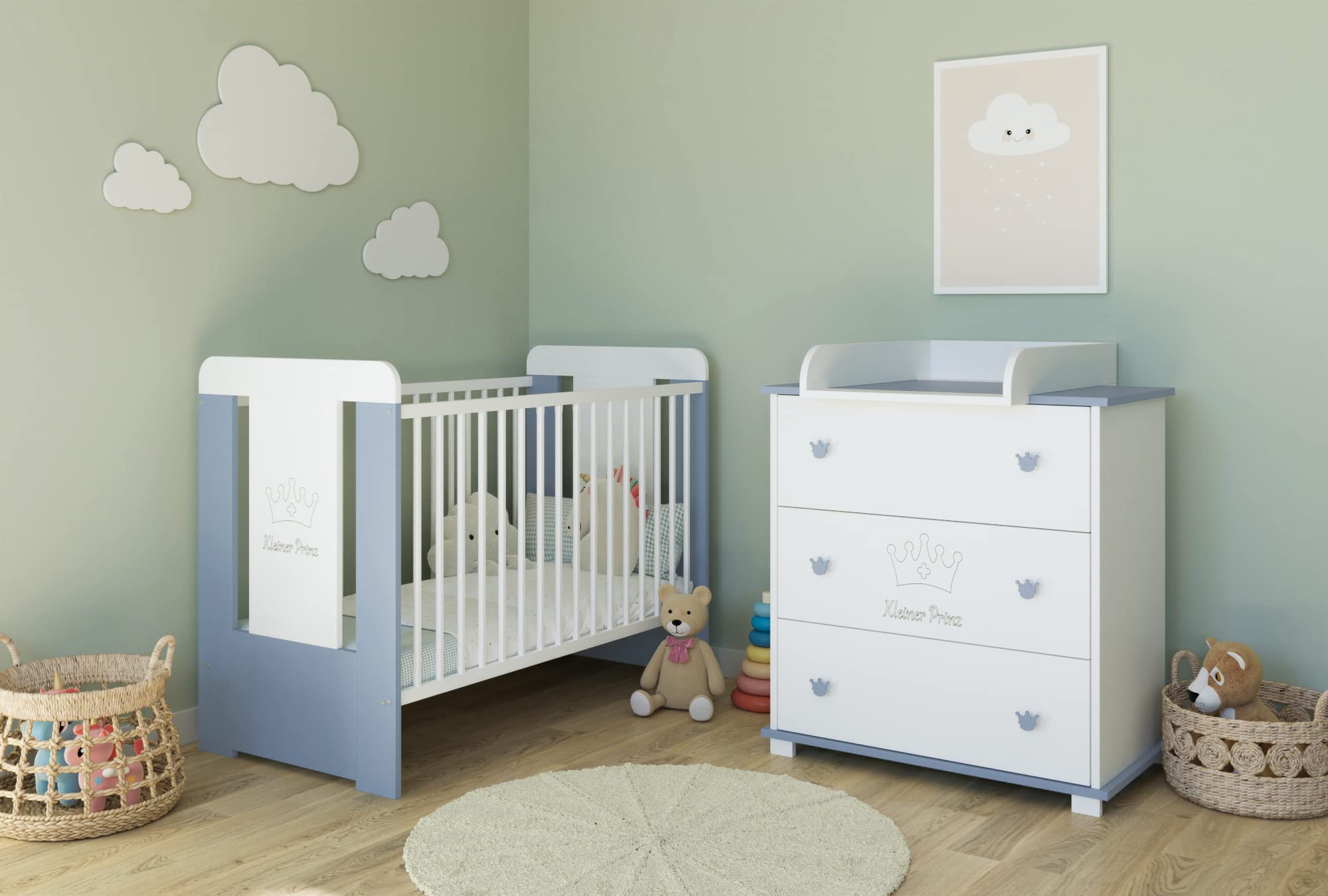 Kids Collective Cassettiera fasciatoio Fasciatoio con attacco per fasciatoio con 3 cassetti e incisione Piccolo Principe in bianco blu Boy Made in Europe