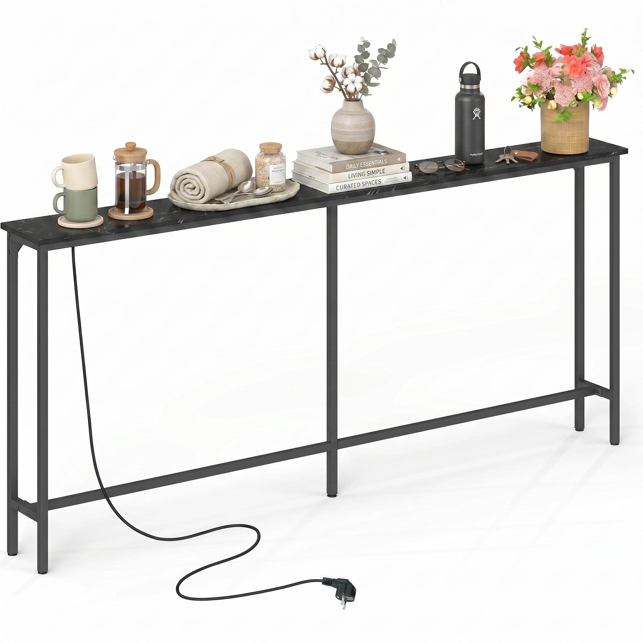 Tavolo Consolle per Ingresso con Presa L 180 cm Effetto Marmo&Nero/1 Pezzo | Consolle Dietro Divano Tavolino Laterale per Corridoio Ingresso Veranda Balcone Soggiorno, Faux Marmo e Nero/180x20x80 cm