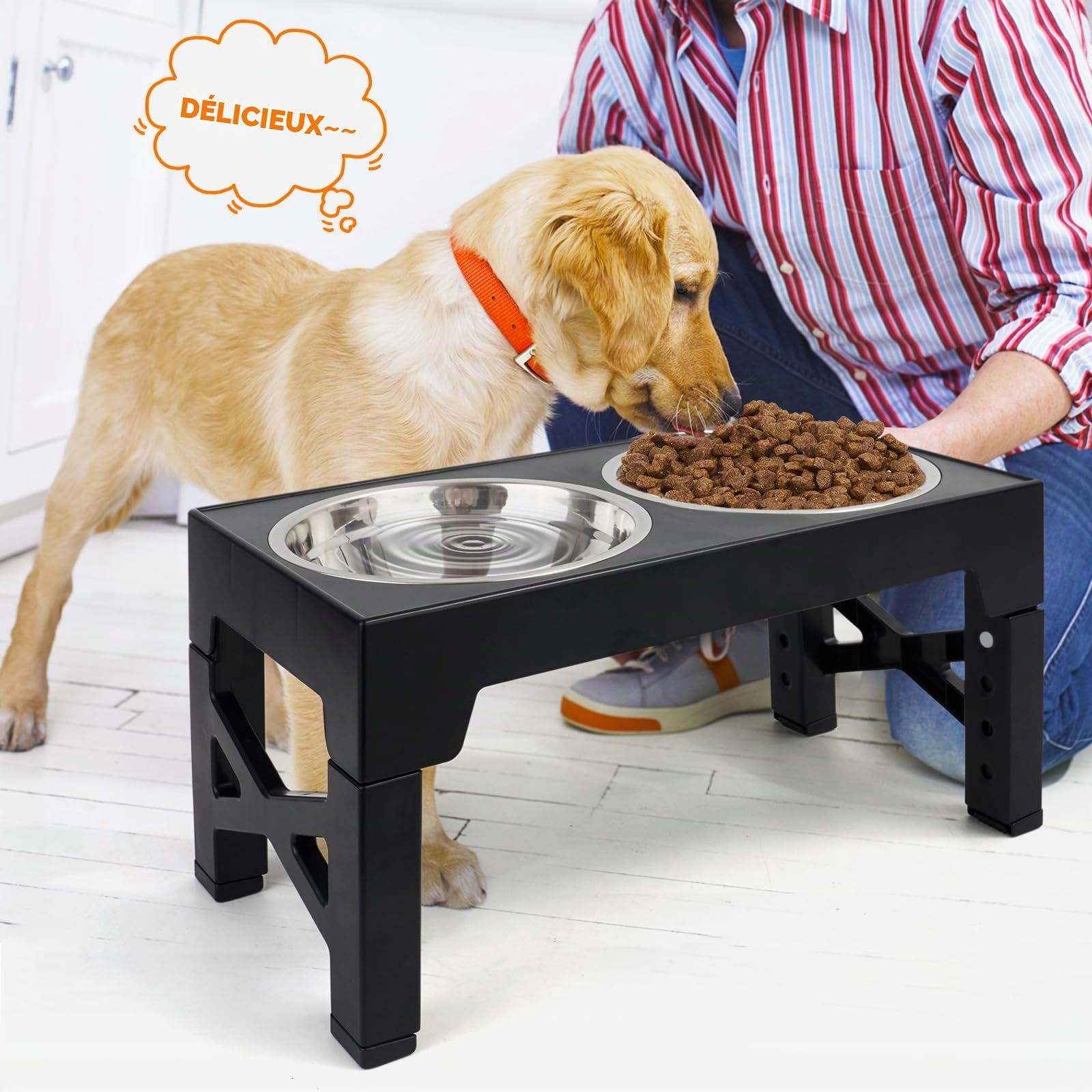 Bol pour chien surélevé réglable en hauteur avec 5 hauteurs Support de bol pour chien avec 2 bols pour chien Bol d'alimentation en acier inoxydable pour grands, moyens et petits chats et chiens Noir