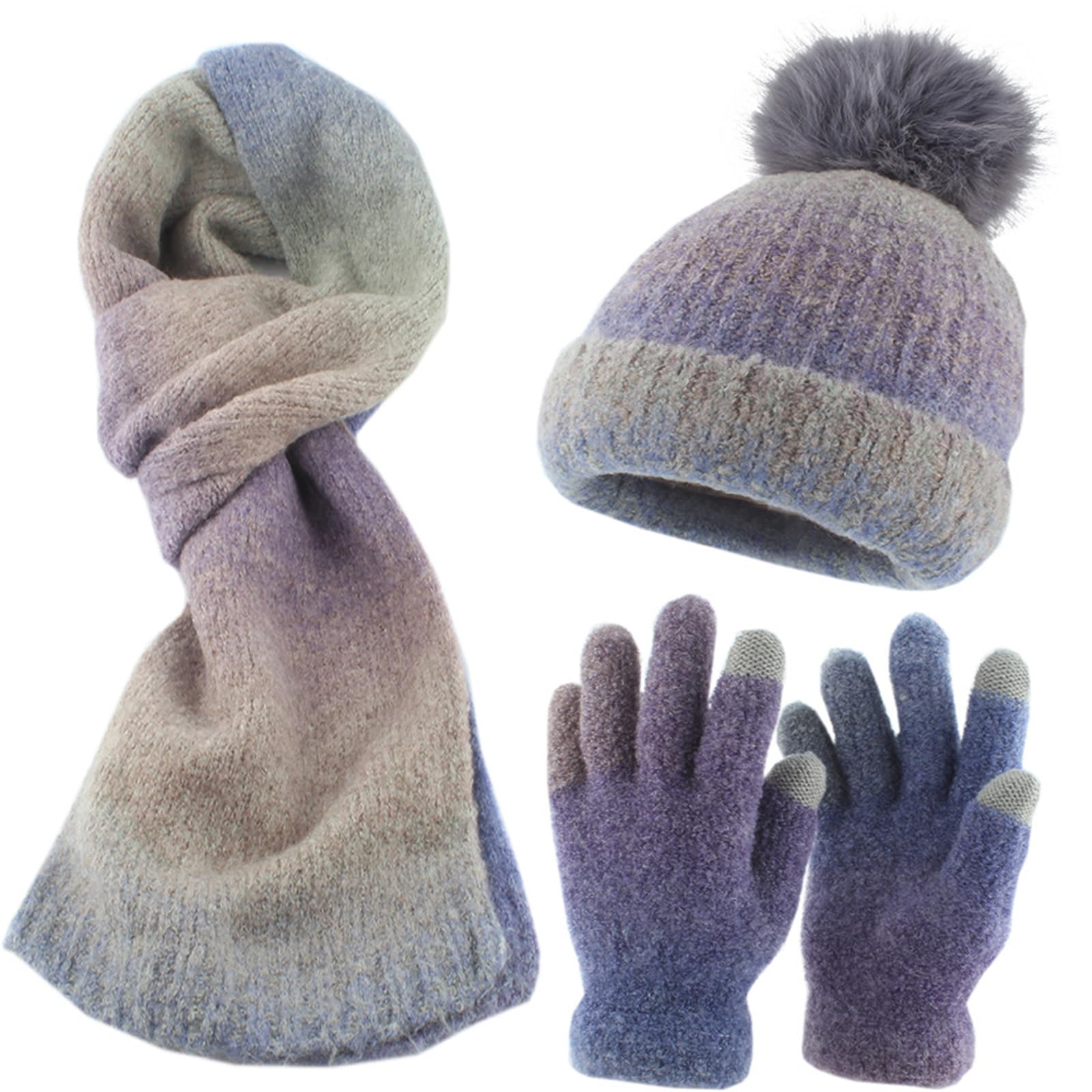 PEILINZE Hat Scarf Gloves Set Autumn Winter Gradients Knitted Hat Scarf Gloves Set For Warmth Fashion Thicken Liner Warm Hat Adult Unisex Knitwear