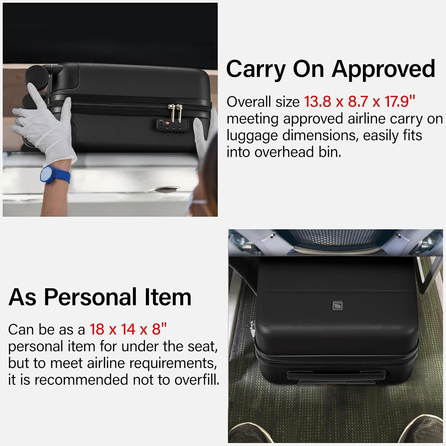 hanke 16 inch underseat carry on luggage with wheels hard shell mini small suitcases carry on bag for airline approved tsa luggage lightweight travel suitcase(black) underseat 16-inch jet black