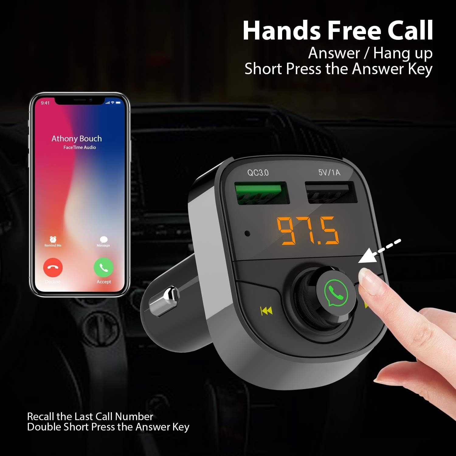 Bluetooth FM Transmitter for Car, QC3.0 USB Fast Charging,Handsfree Call Adapter,Support USB Flash Reader Car Kit,Dual Port Car Charger Compatible with iPhone,Samsung (Gray)