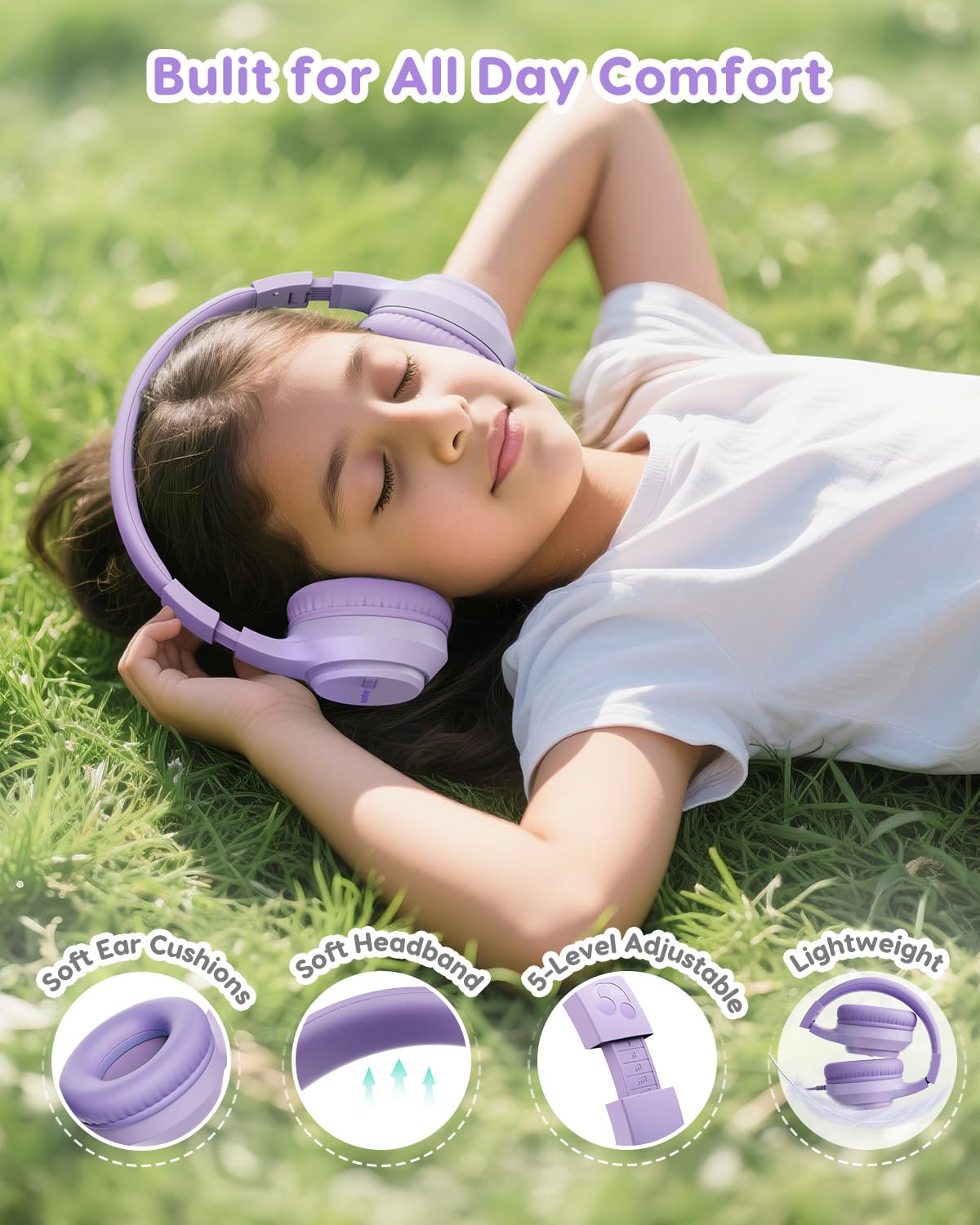 awatrue Audio Enfant, 74/85/94dB Volume Sécurisé Casque Filaire Enfant, Son Stéréo, Pliable, 3.5 mm Jack Over Ear Casque pour Enfants pour Ipad/Voyage/Tablette/Téléphone (Violet)