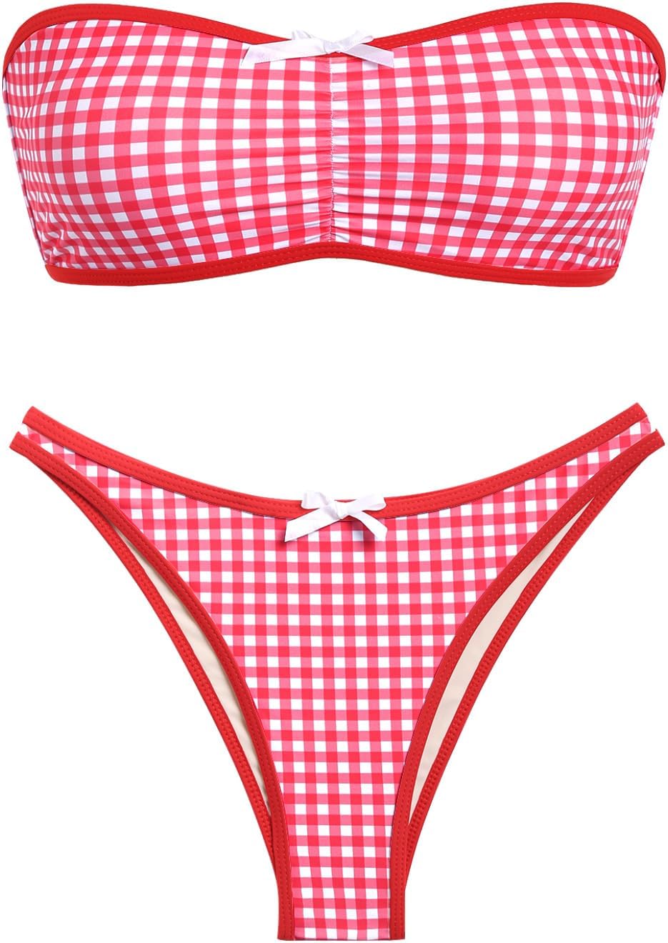 ZAFUL Women's Strapless Bikini Openwork Textured Bow Ruched Lace Up High Cut Bandeau Swimsuit Bathing Suits 4-red Medium