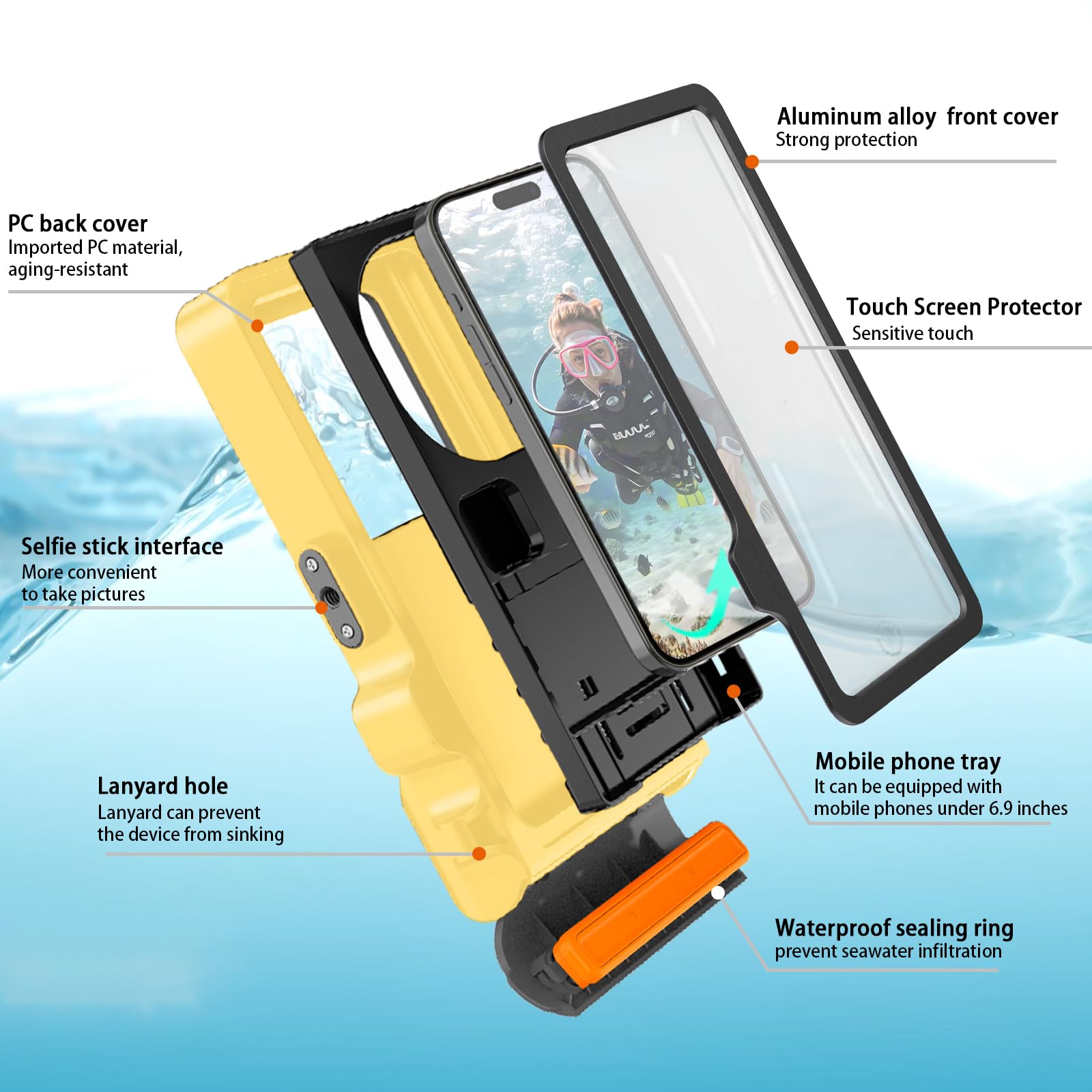 Funda impermeable para teléfono para esnórquel y buceo (10 m), IP68 impermeable, funda rígida para natación, funda universal para pantalla táctil subacuática compatible con iPhone (amarillo, funda de