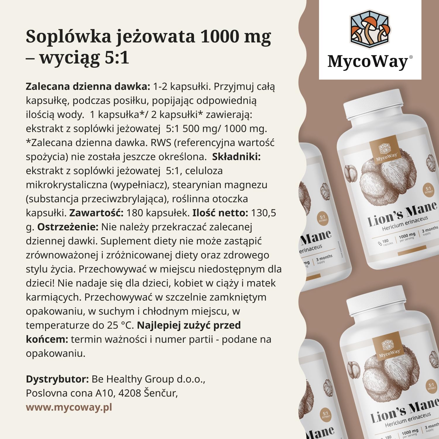 Soplówka jeżowata 1000 mg – Wyciąg 5:1 – Hericium Erinaceus – 180 kapsułek – Zapas na 3–6 miesięcy – Mądry grzyb – Pomaga w poprawie koncentracji i zdolności poznawczych – Witalność