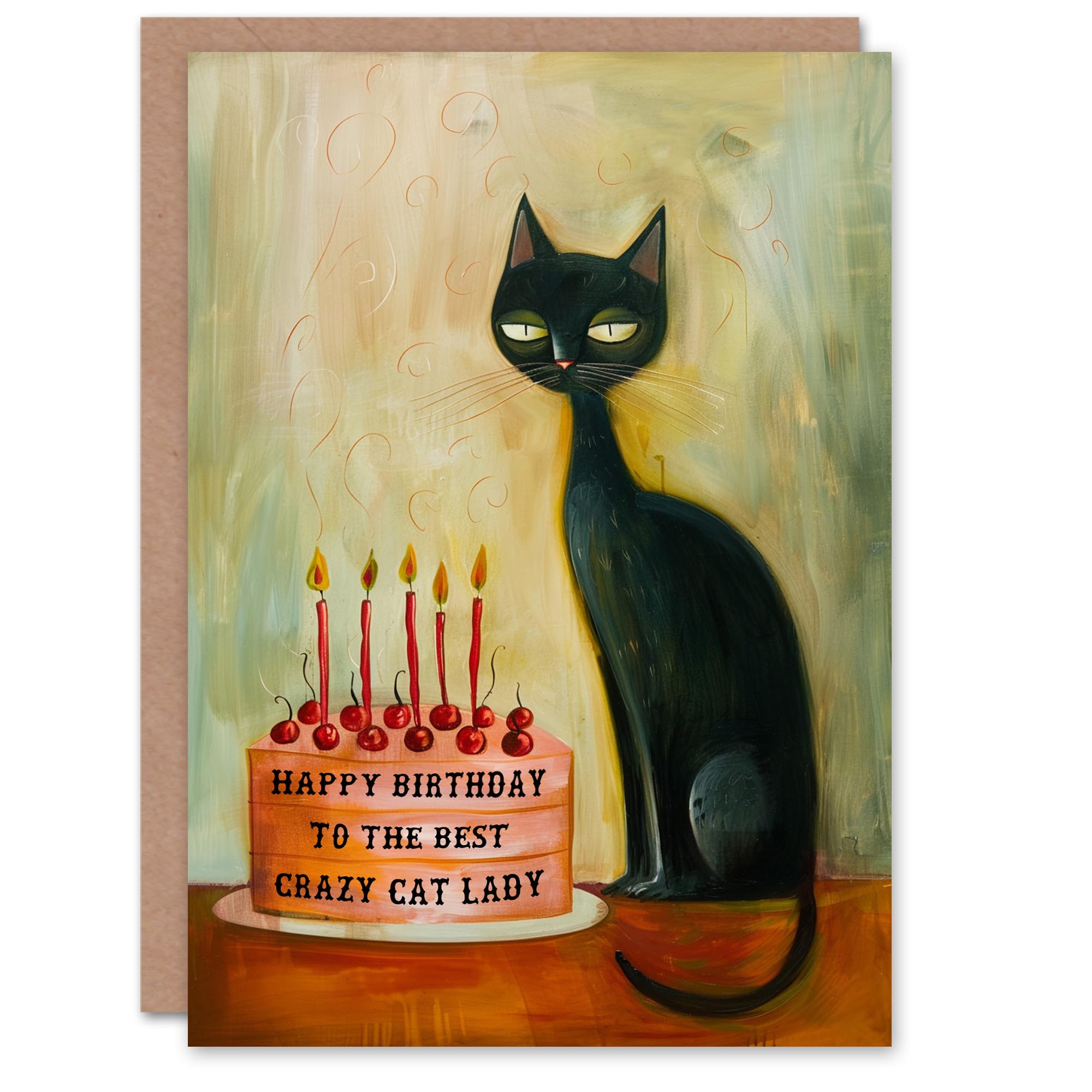 Birthday Card Crazy Cat Lady Cherry Cake Candles Oil Painting Greeting Card