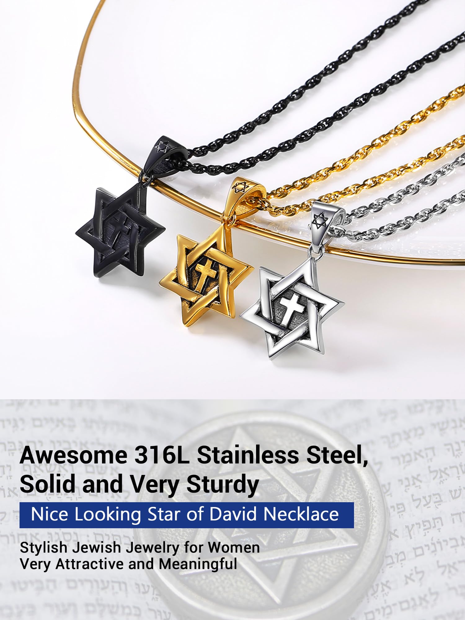 PROSTEEL Collier Homme Magen David en Acier Inoxydable/Plaqué Or, Pendentif Étoile de David Amulette Judaïque