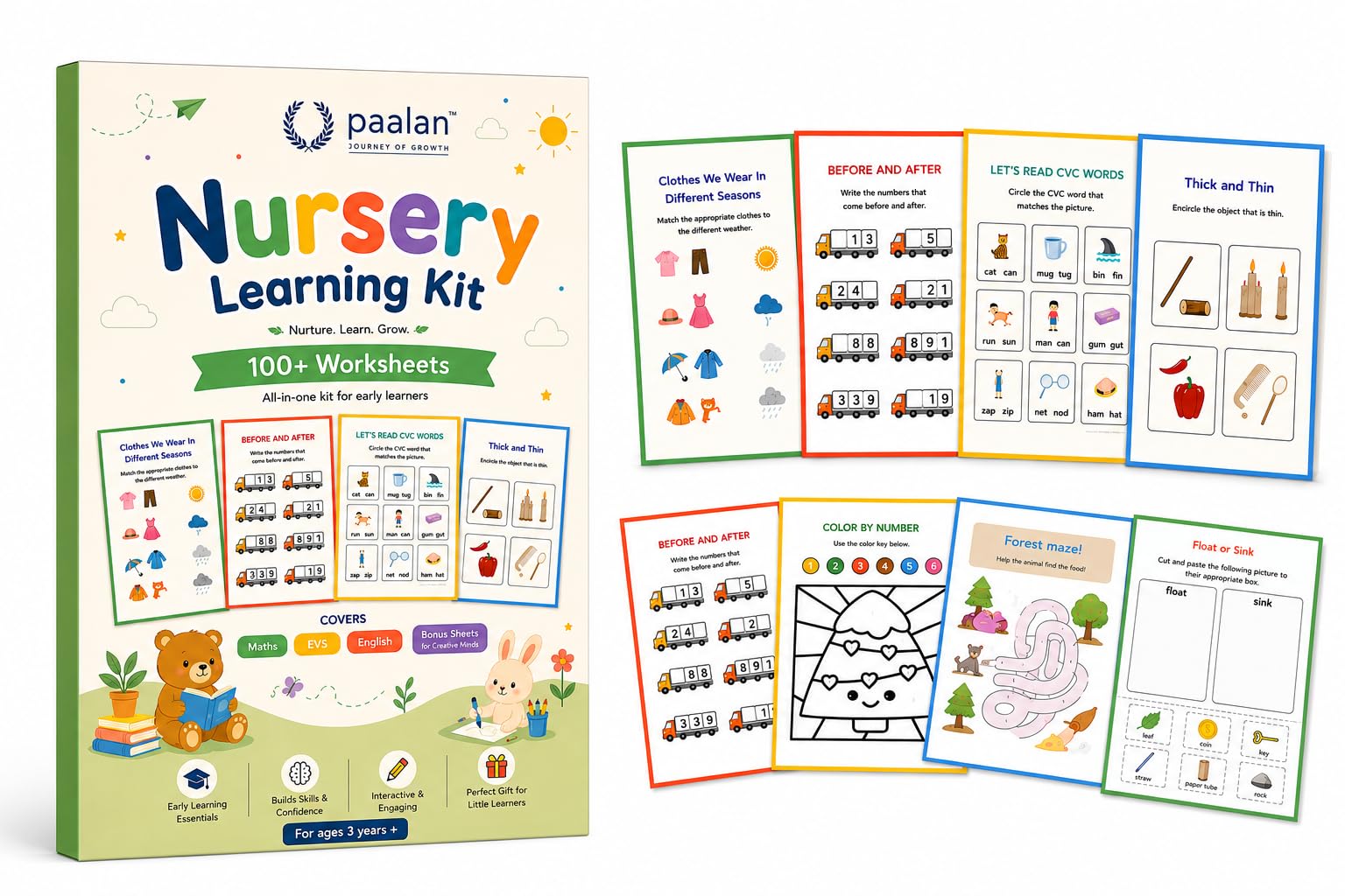 Paalan Nursery Learning Kit for Kids 3+ Years | 100+ Educational Worksheets | Maths, English, EVS & Creative Activities | Early Learning Preschool Workbook Set for Toddlers