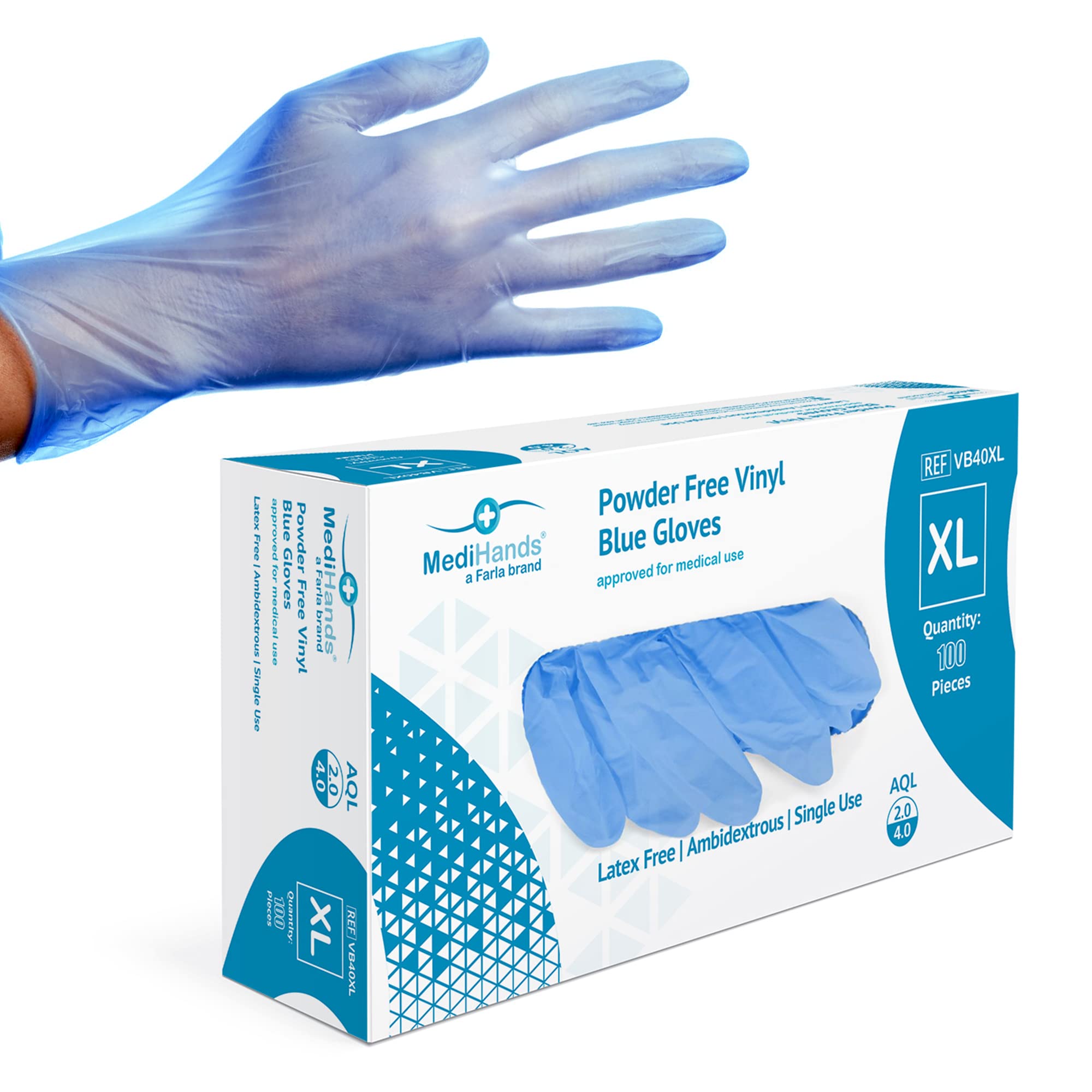 Farla MediHands Blue Extra Large Vinyl Gloves - Box of 100 Disposable Vinyl Medical Glove - Powder, Latex, & Protein Free Glove - Multi-Purpose, Single Use Surgical Gloves