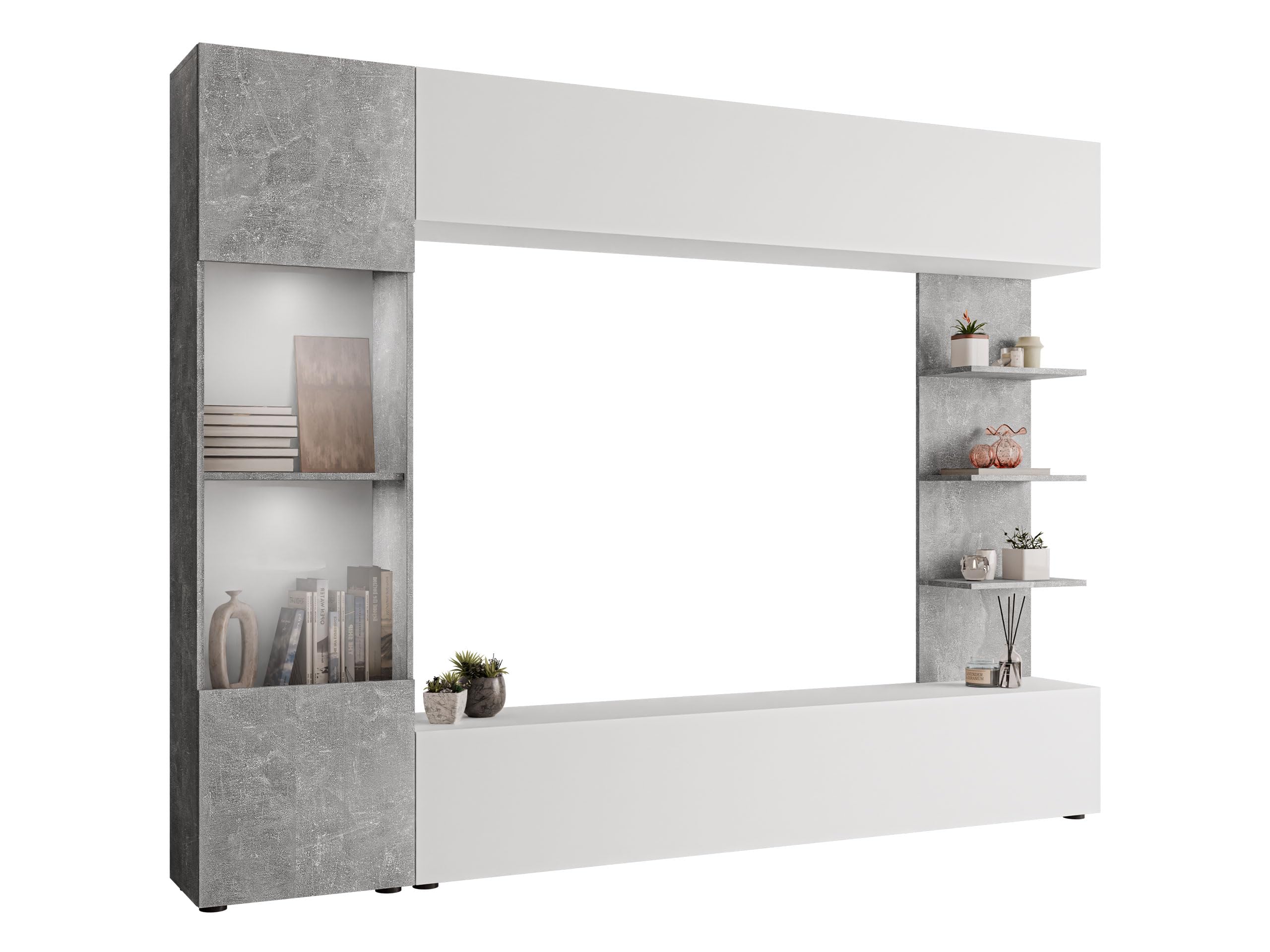 Wohnwand Lazando – Hängeschrank, Vitrine, TV-Lowboard und Wandregal in Weiß/Beton mit LED-Beleuchtung