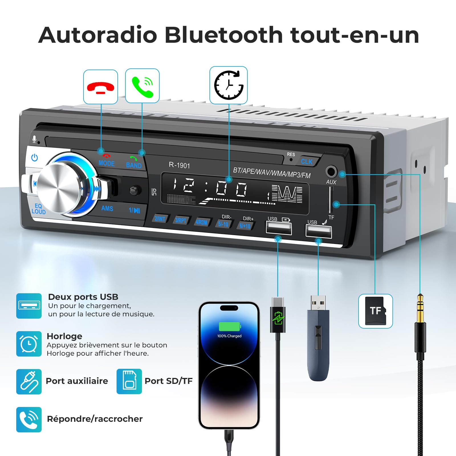 RDS Autoradio Bluetooth, CENXINY Poste Radio Voiture Bluetooth, FM Autoradio1 DIN,2USB,Charge 2.1A, Aux-in,Micro SD Soutien iOS, Android