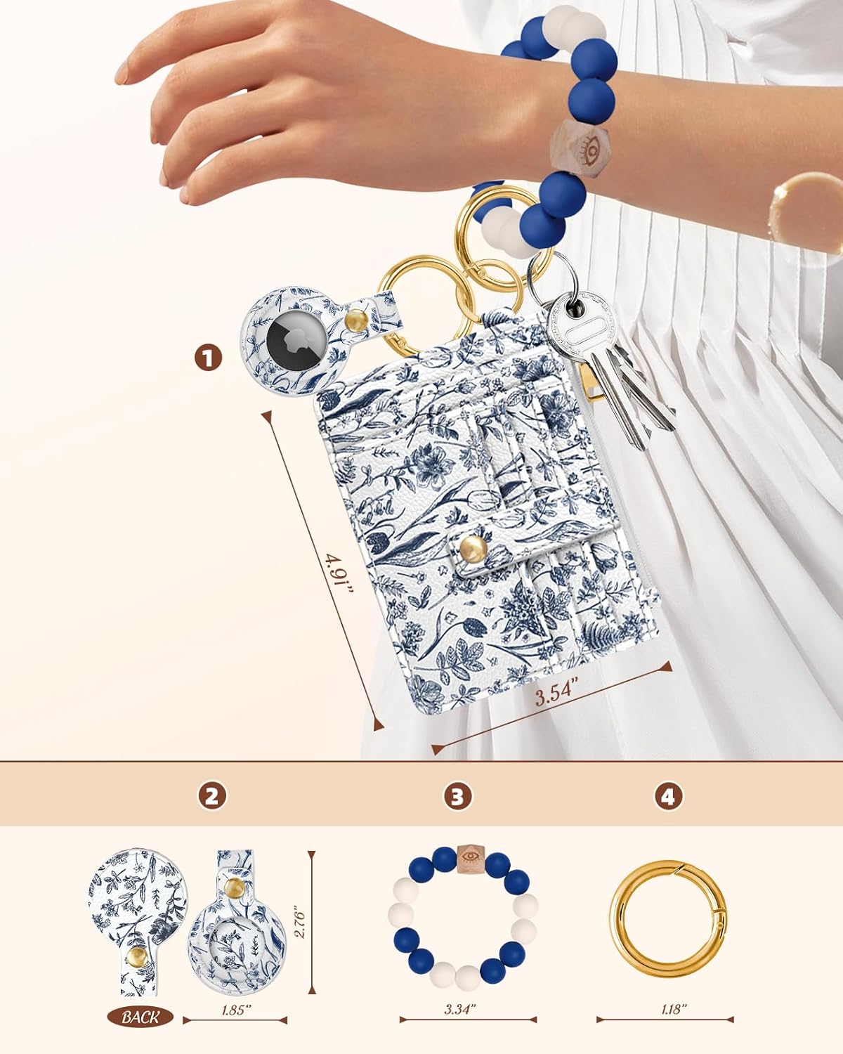 Wallet Keychain Wristlet for Women with AirTag Holder - Cute Design Credit Card Holder Wallets Key Chain Ring Slim Small RFID Air Tag Coin Pocket Purse for Ladies Girls Female,Blue Flower - Image 3