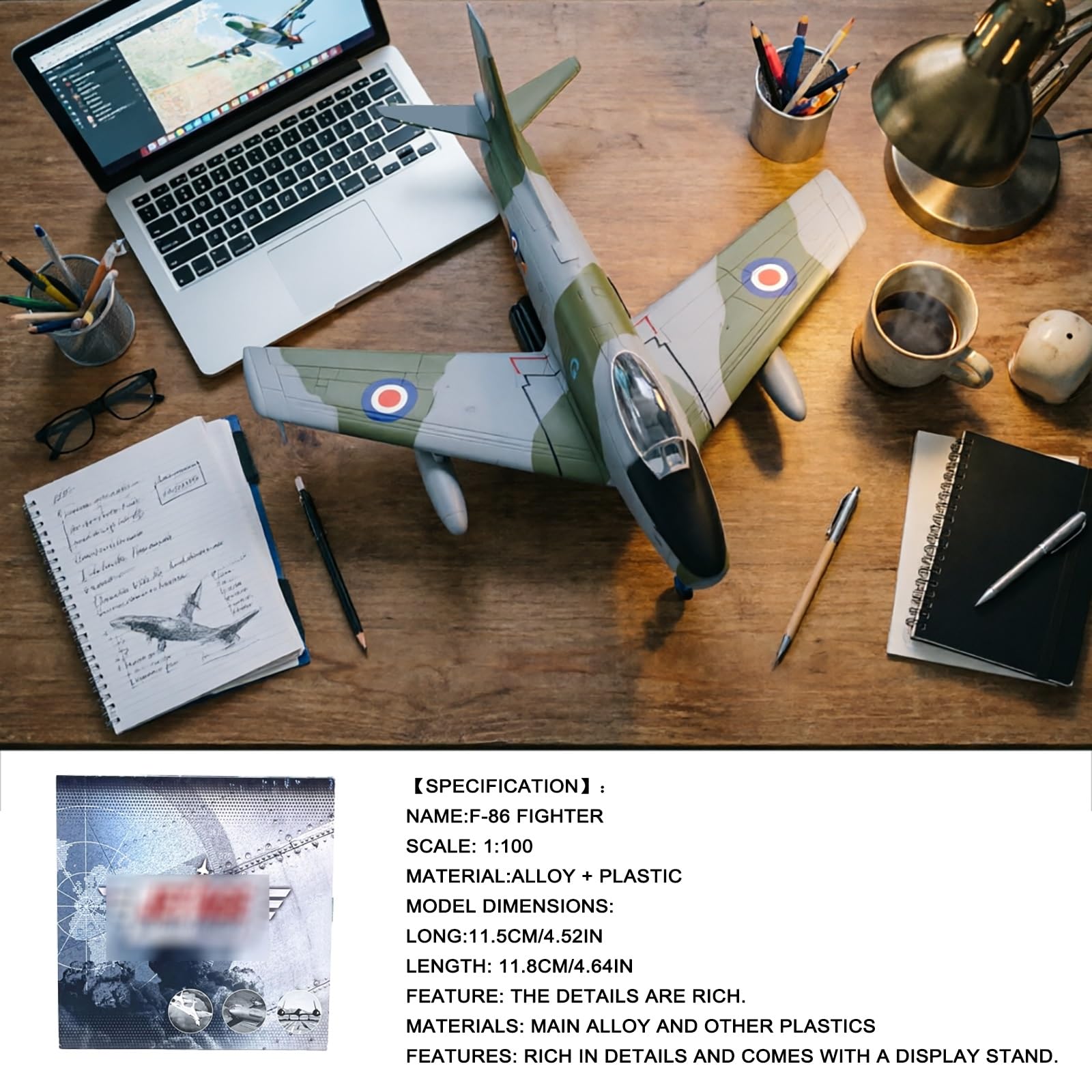Modello aereo caccia F-86 in metallo pressofuso scala 1:100 - Espositore premium, dettagli qualità museale for scrivania ufficio collezionisti militari Regalo compleanno ideale