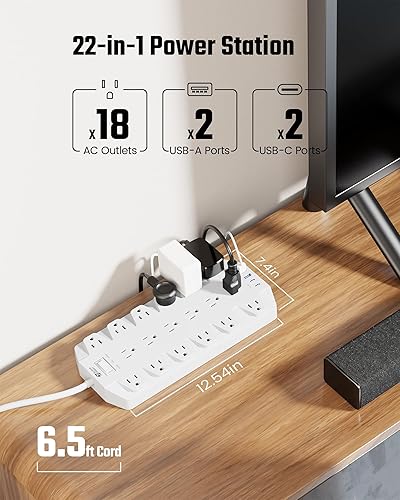 Miniatura 2 de SUPERDANNY - Protector de sobretensión, 18 salidas con 2 puertos USB C + 2 puertos USB A, 1875 W15 A, 2100 J, cable de extensión de enchufe plano
