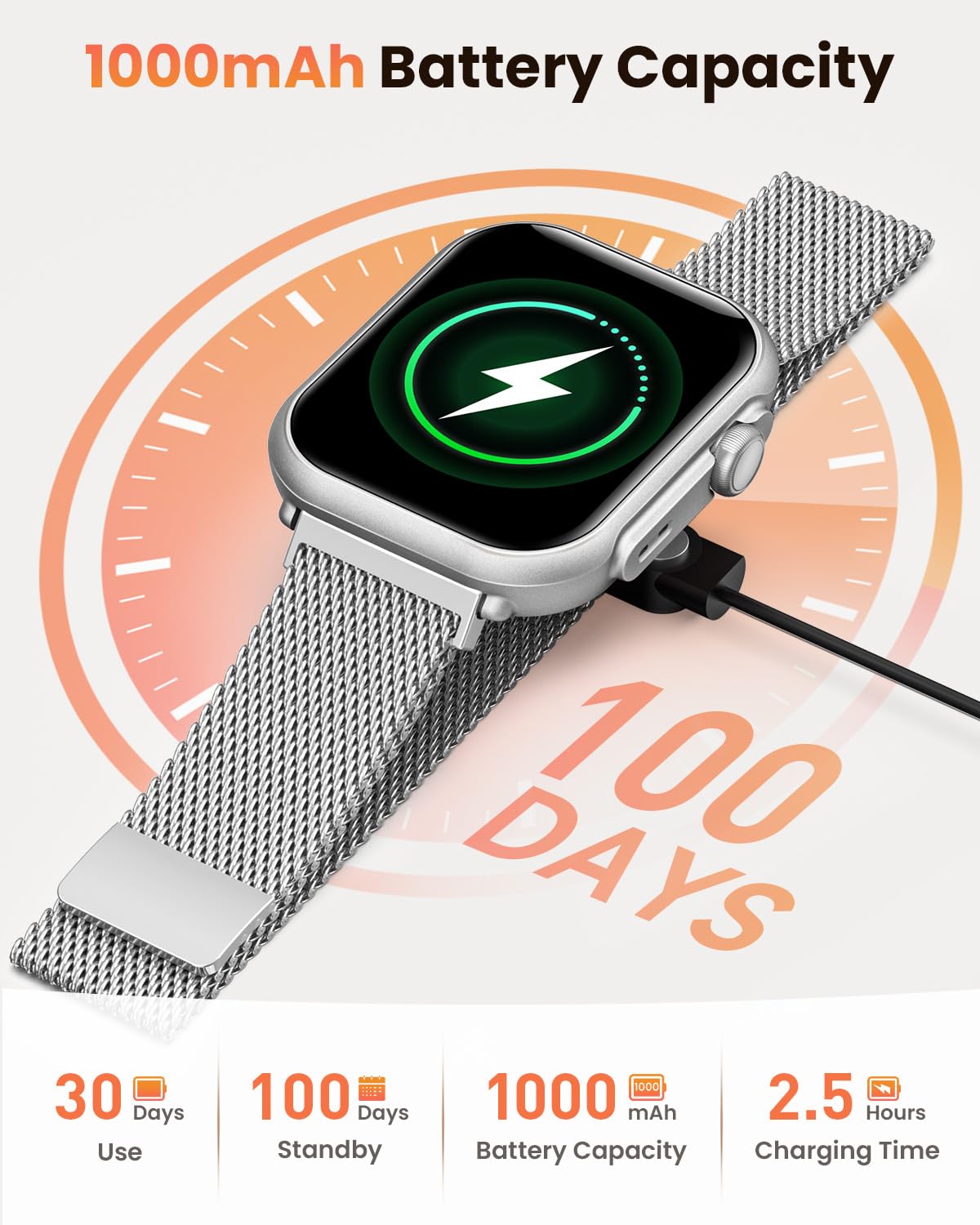 Reloj Inteligente Mujer con Autonomía 100 Días, 1000mAh Batería Grande, 1.83" Smartwatch Mujer con Llamadas, SpO2, Pulsómetro, Sueño, 120+ Modos Deportivos/Calorías/IP68 Podómetro/Android iOS Plata