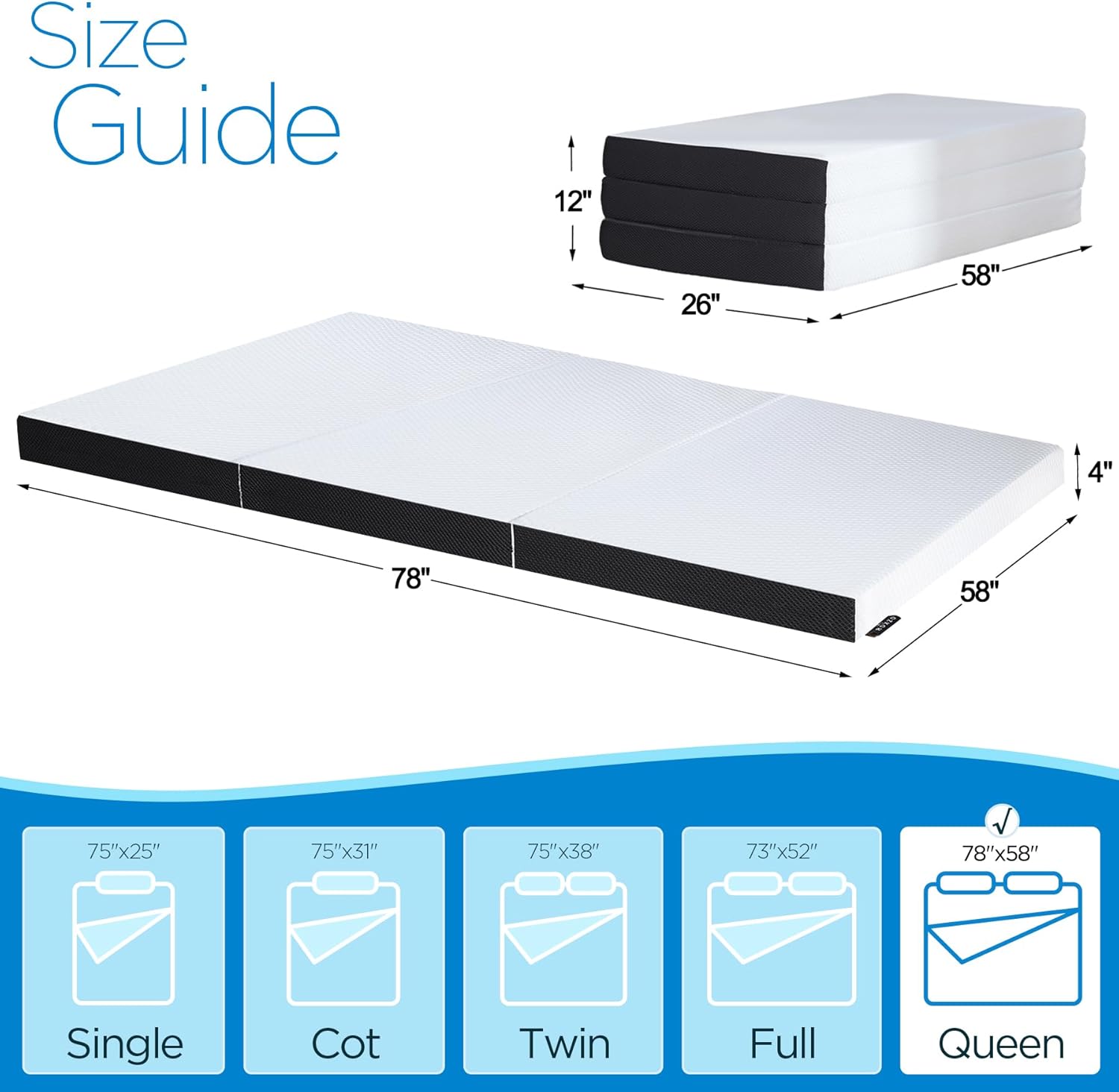 Size 4-inch Queen Size Color White Tri-Fold Memory Foam Mattress, Foldable for Indoor, RV/Camper Van, Travel, Camping, and Guest Rooms, with Breathable Cover & Non-Slip Bottom, 78x58x4 inches