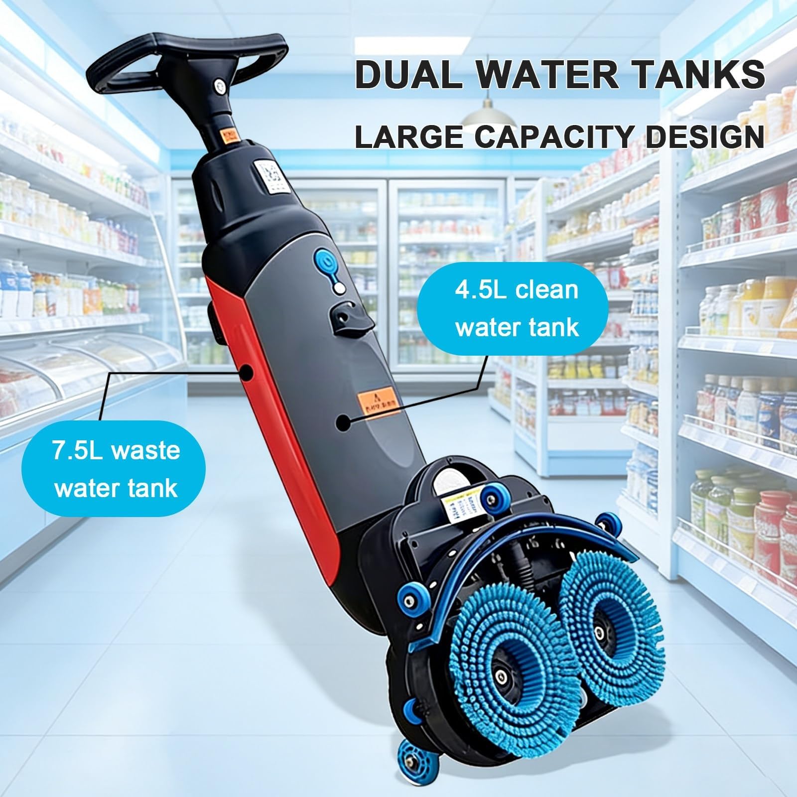 Fregadora industrial de suelos, máquina rotativa de doble cepillo con capacidad para 13 000 pies²/hora, depósitos de agua de 4 y 6 litros, pulidora inalámbrica de alta resistencia