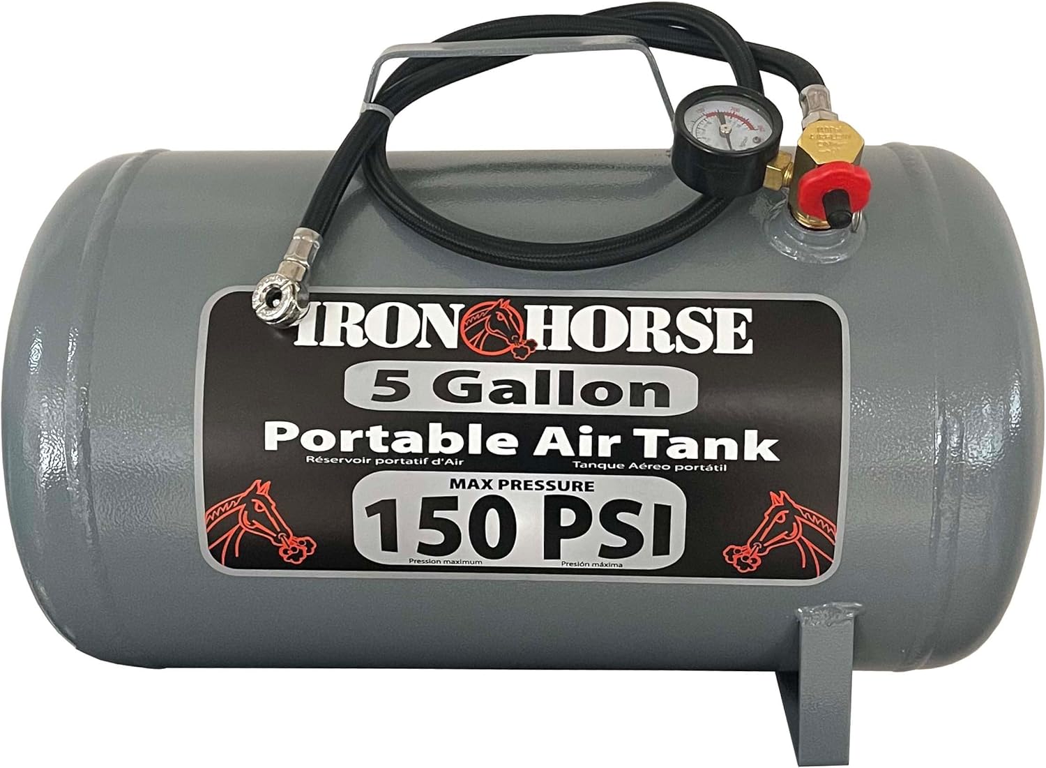 Ironhorse IHCT-05 5-Gallon 150 PSI Max Portable Air Tank with 4 ft ¼ in Air Hose, Easy Read Tank Gauge