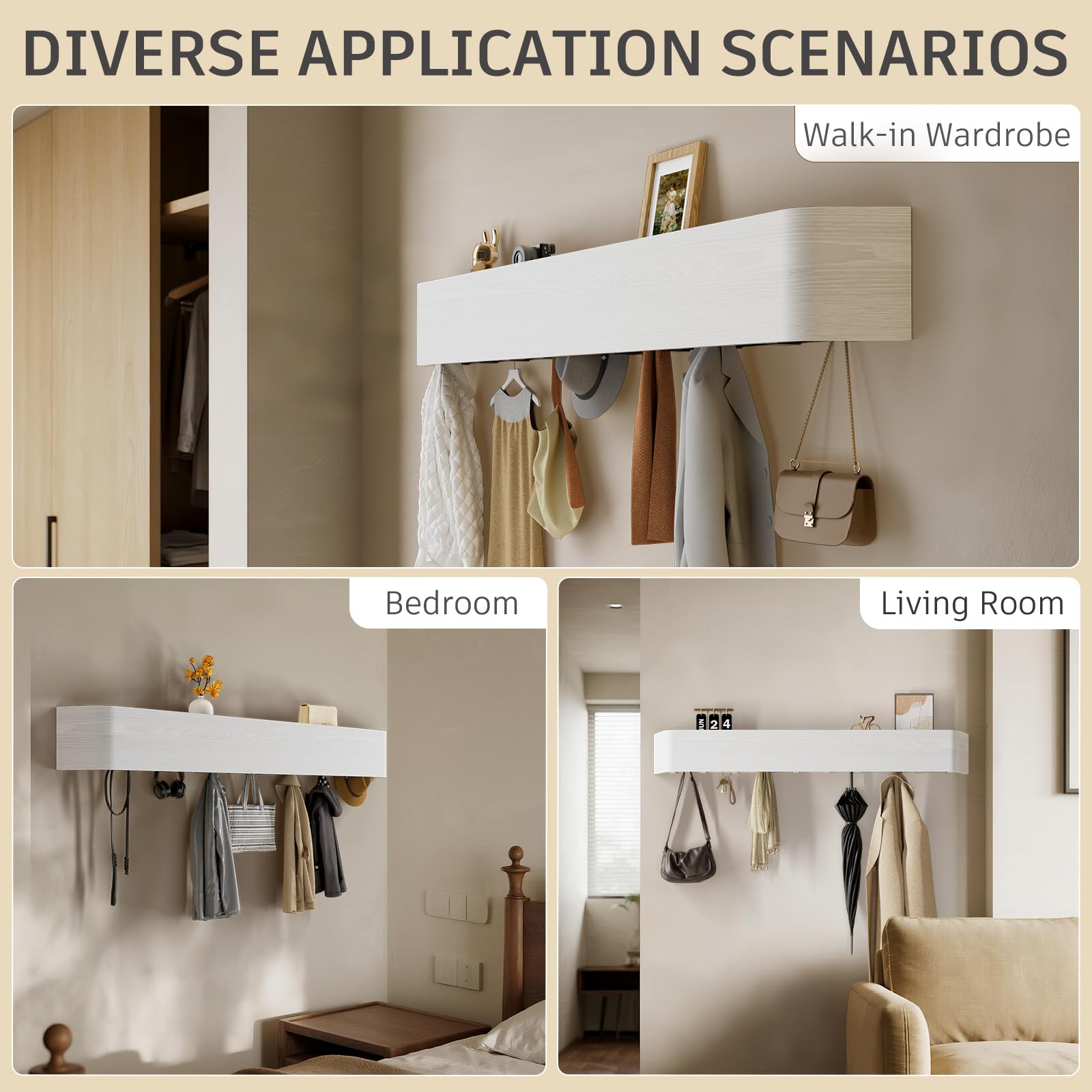 Huracan Wandgarderobe Holz, Moderne Garderobenleiste Wandmontage Eiche 88cm mit Verdeckten Haken, Minimalistische Kleiderstange Garderobenhaken Jackenhalter für Flur, Schlafzimmer, Eingang, Weiß